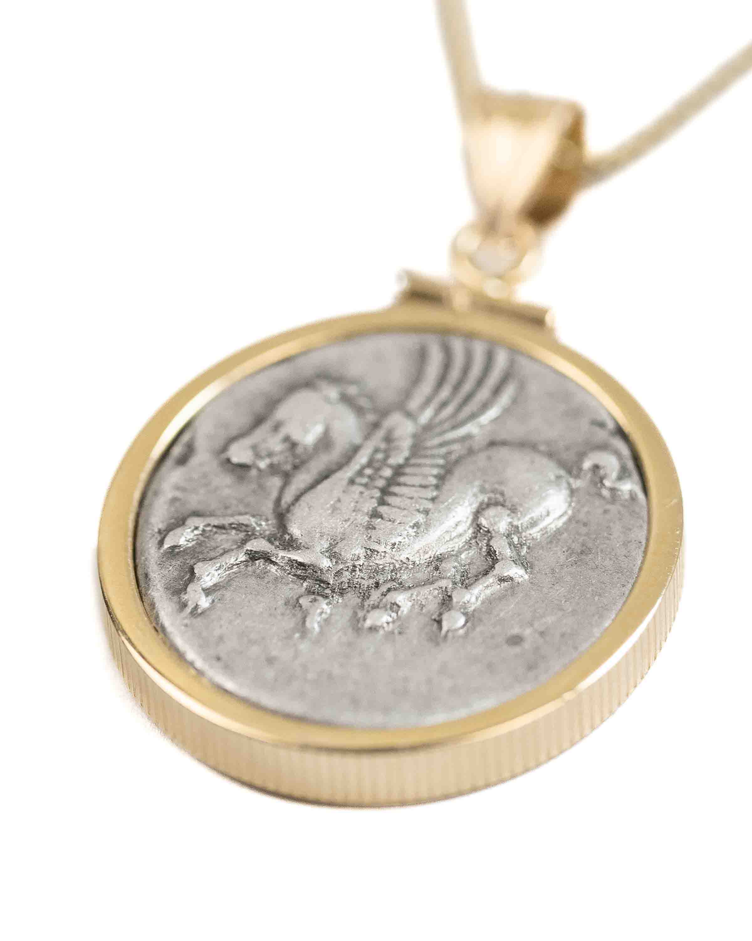 14k Gold Genuine Ancient Greek Coin Necklace (Pegasus/Athena; 375-300 B.C.)
