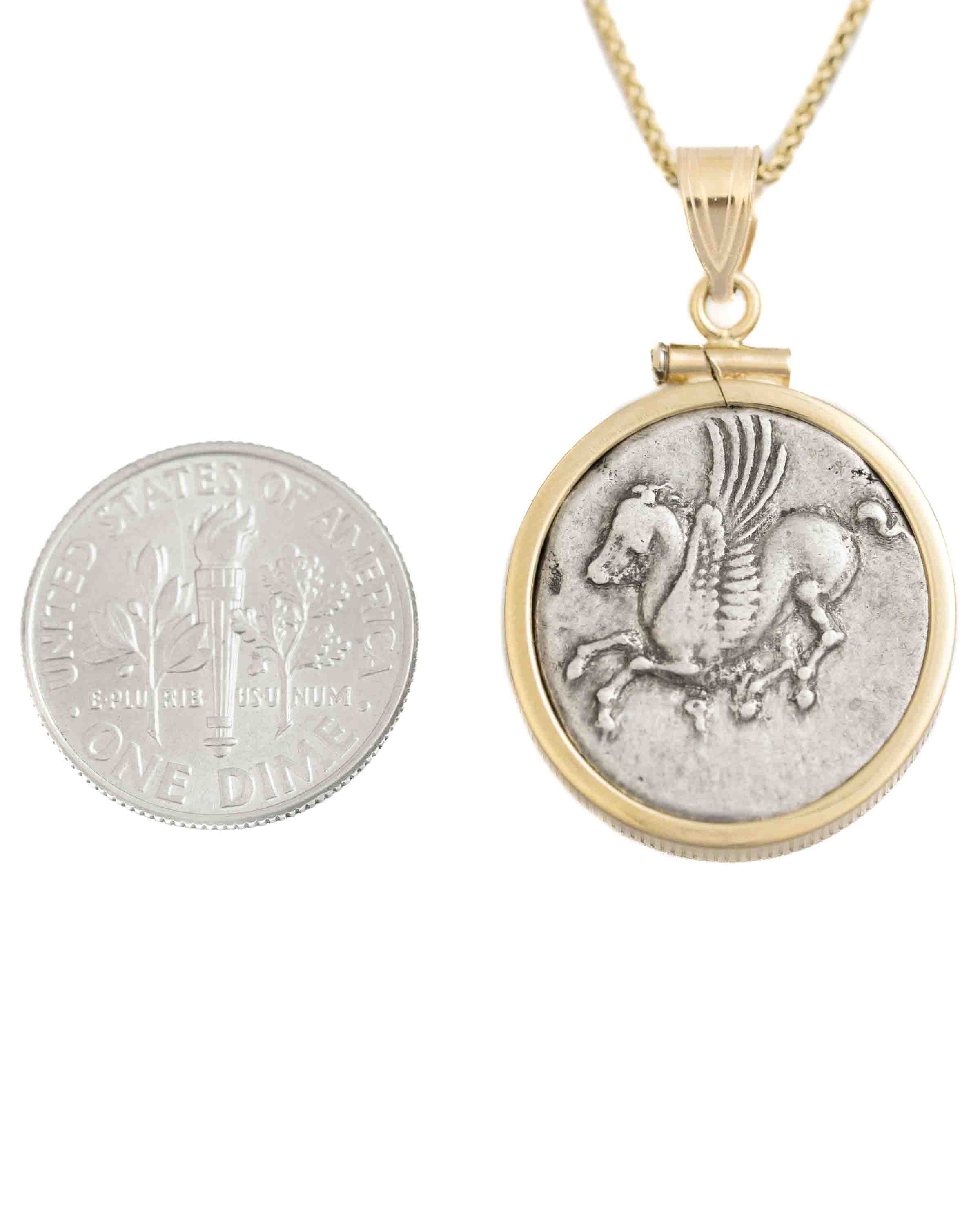 14k Gold Genuine Ancient Greek Coin Necklace (Pegasus/Athena; 375-300 B.C.)