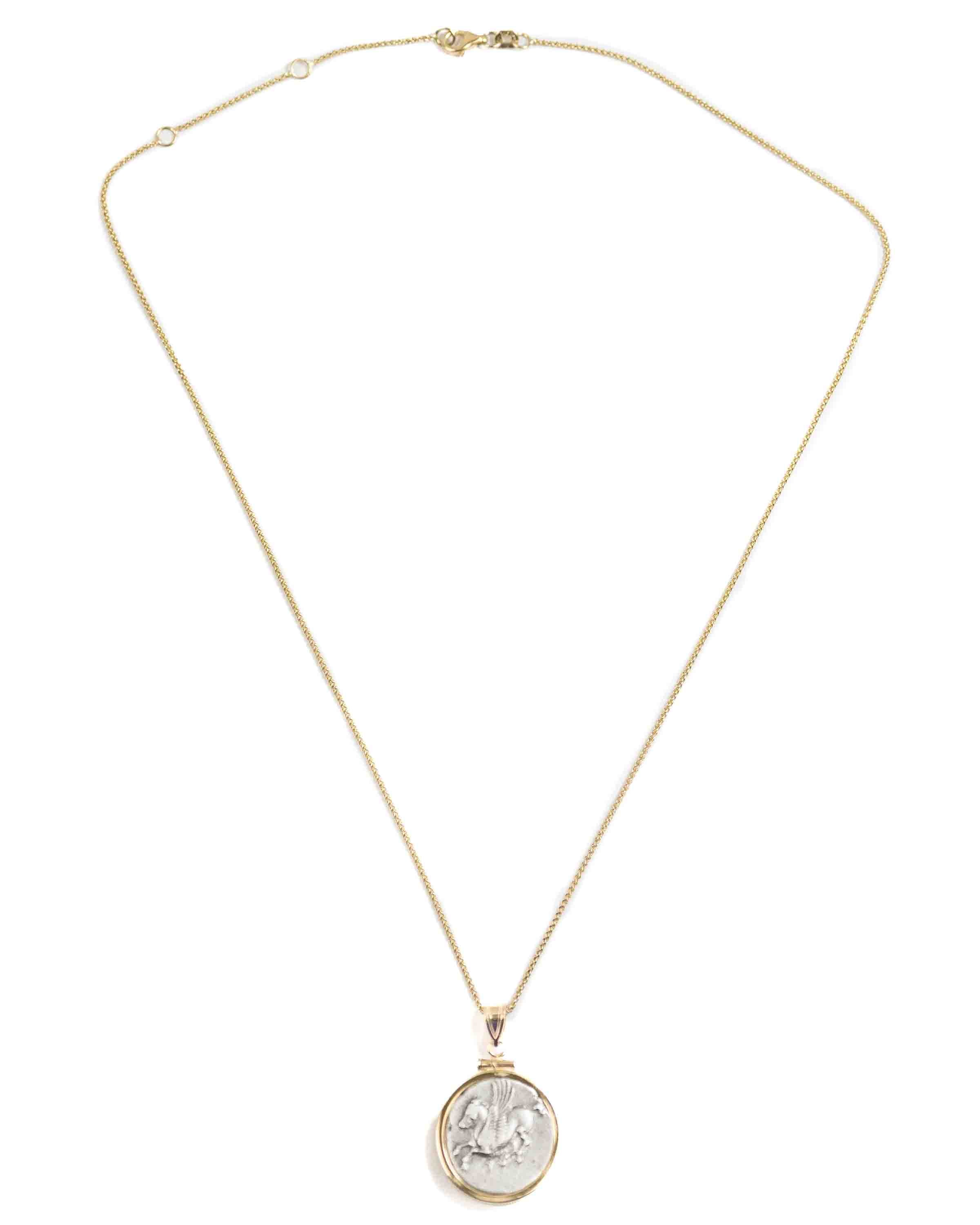 14k Gold Genuine Ancient Greek Coin Necklace (Pegasus/Athena; 375-300 B.C.)