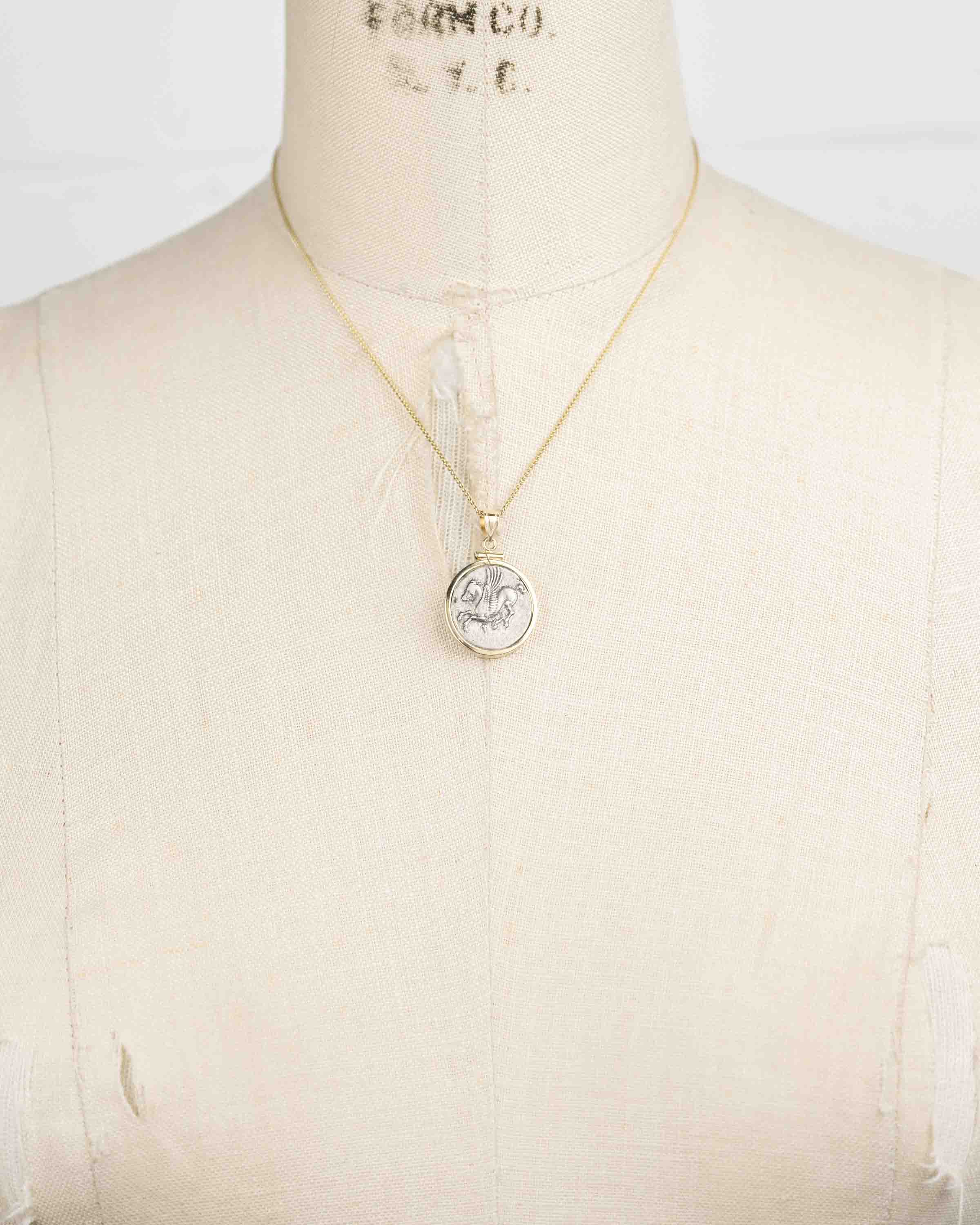 14k Gold Genuine Ancient Greek Coin Necklace (Pegasus/Athena; 375-300 B.C.)