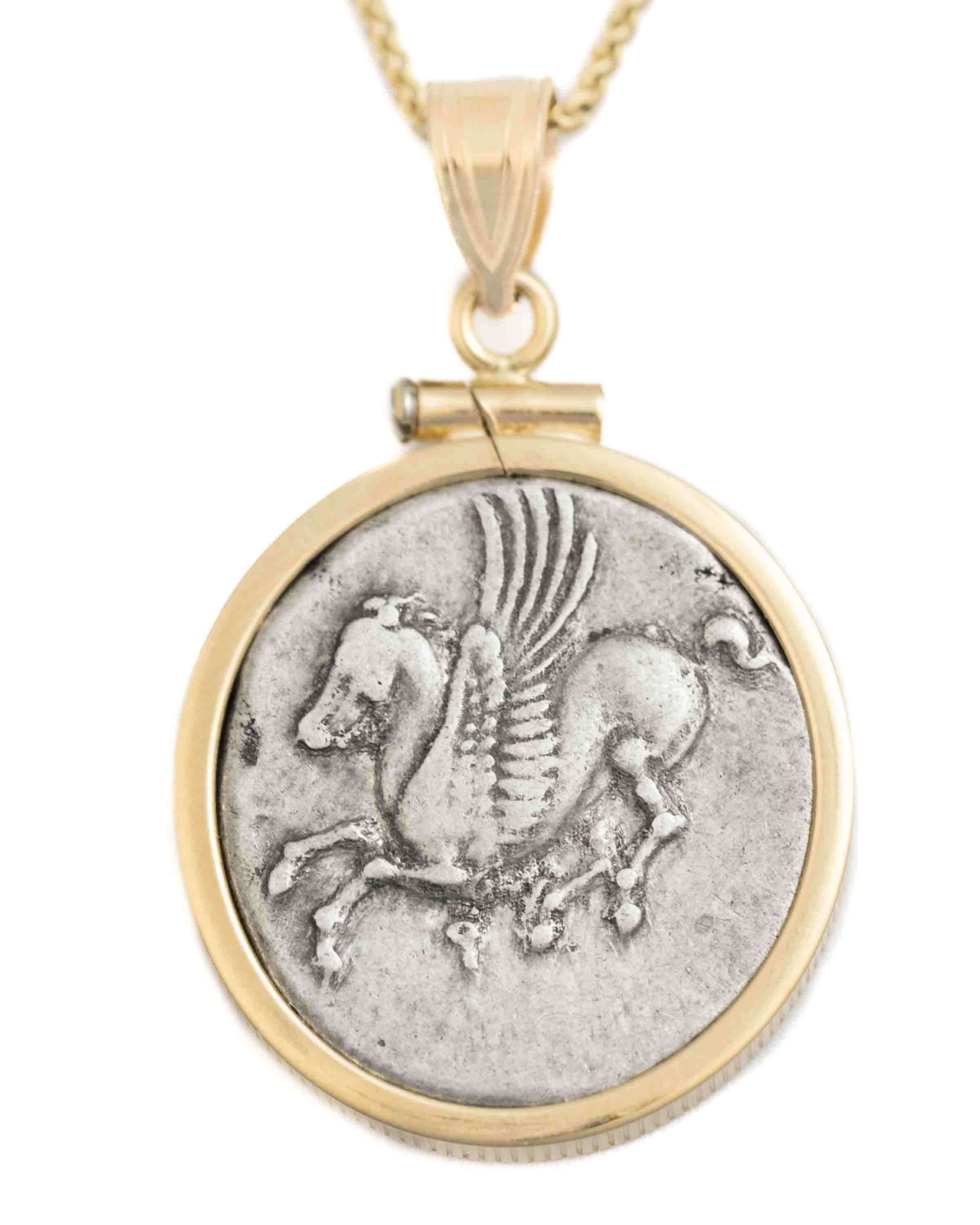 14k Gold Genuine Ancient Greek Coin Necklace (Pegasus/Athena; 375-300 B.C.)