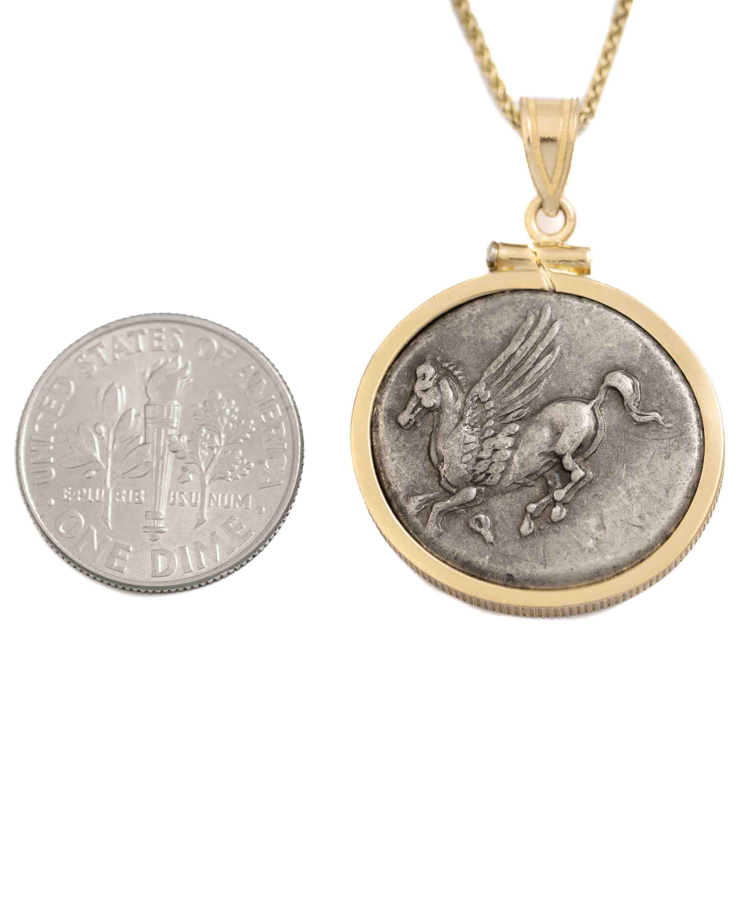 14k Gold Genuine Ancient Greek Coin Necklace (Pegasus/Athena; 375-300 B.C.)