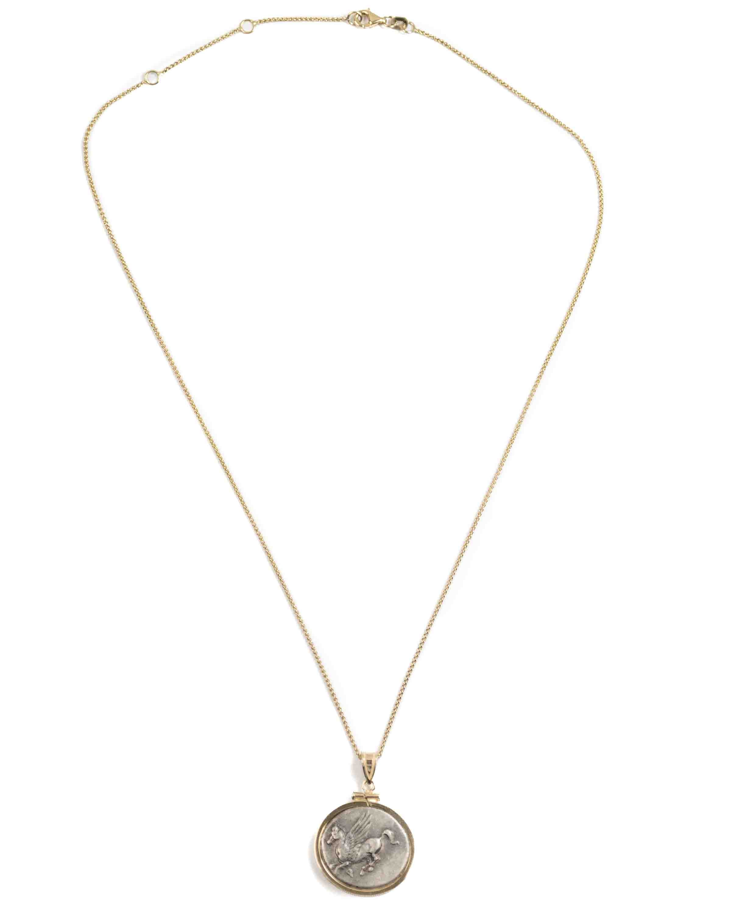 14k Gold Genuine Ancient Greek Coin Necklace (Pegasus/Athena; 375-300 B.C.)