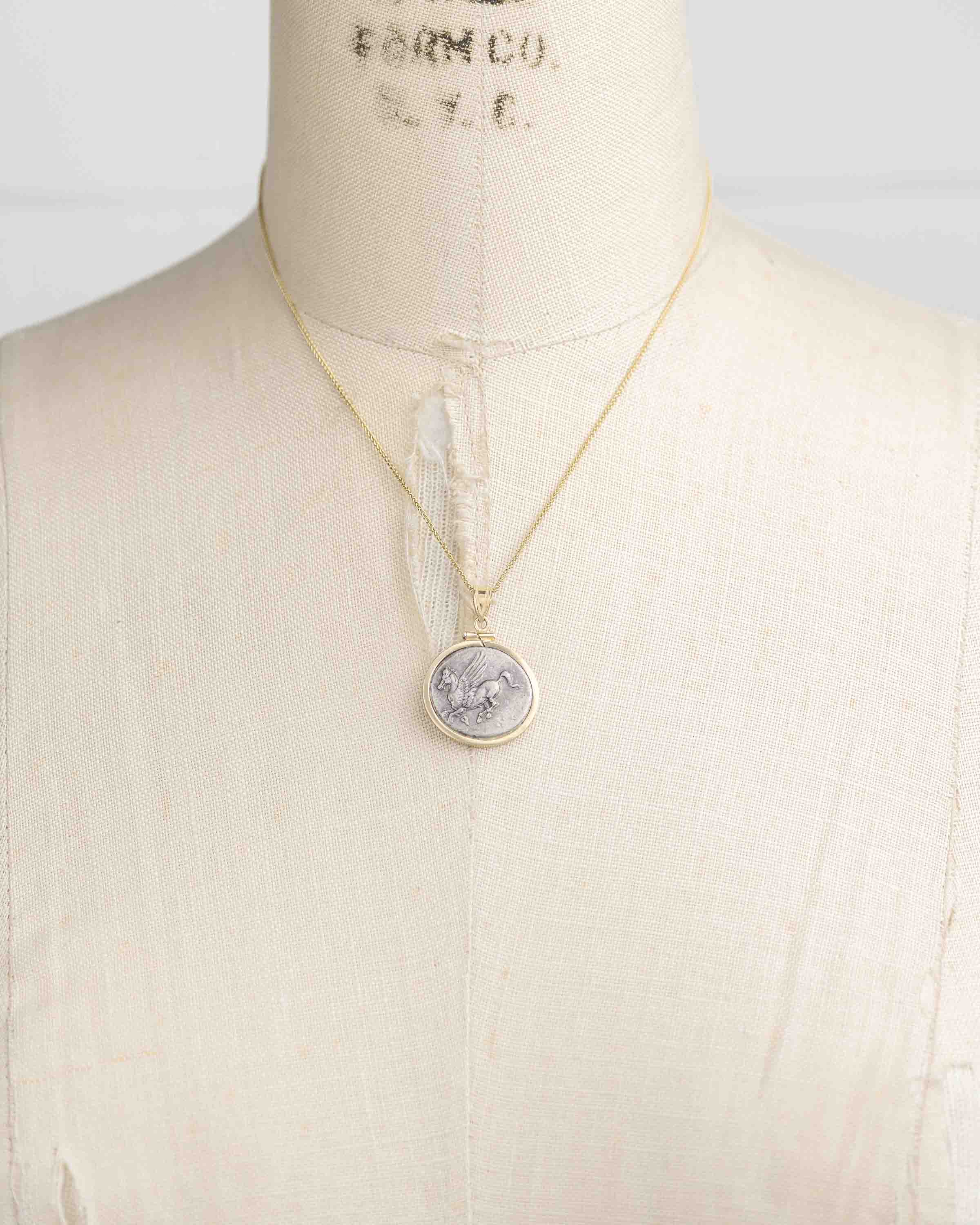 14k Gold Genuine Ancient Greek Coin Necklace (Pegasus/Athena; 375-300 B.C.)