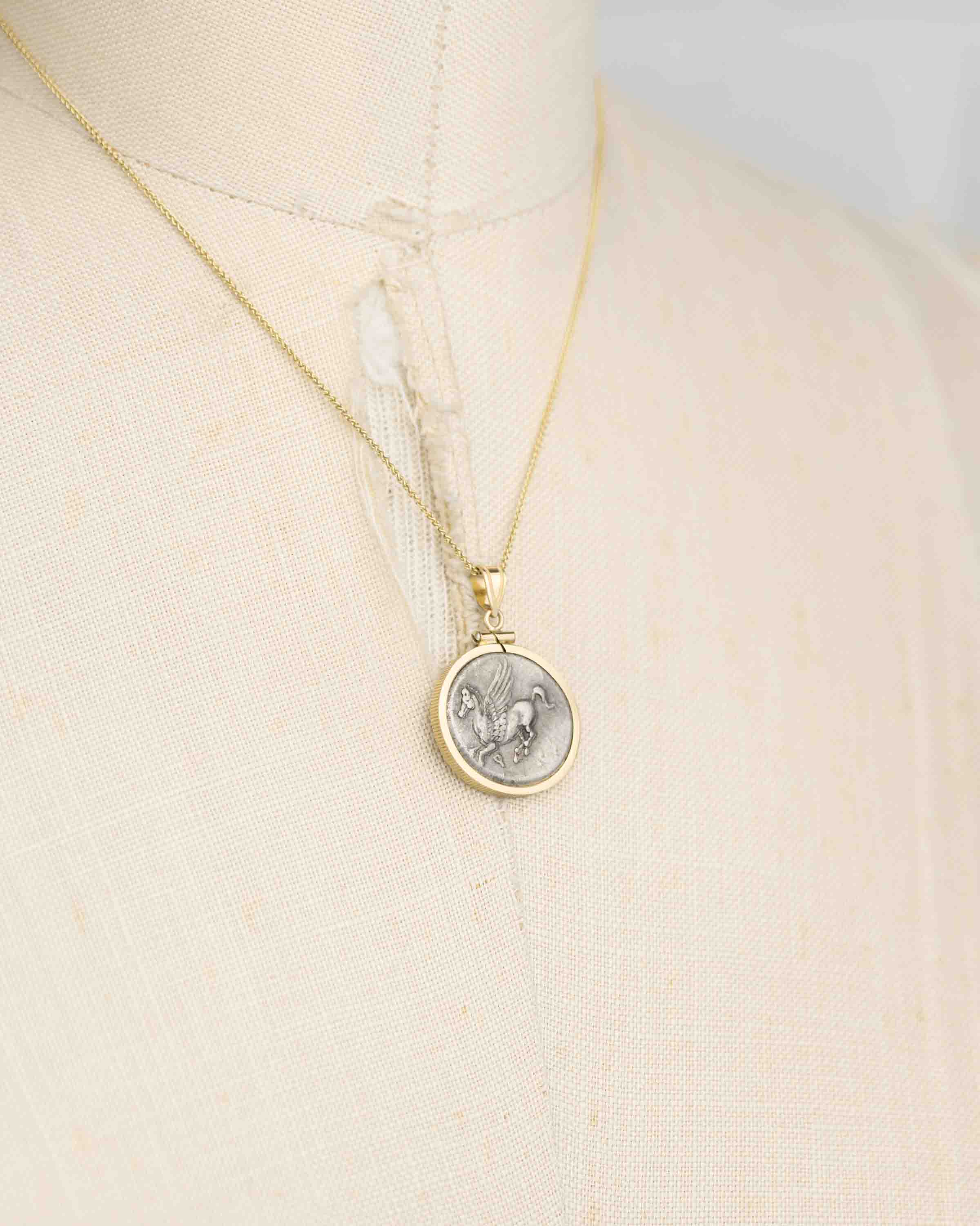 14k Gold Genuine Ancient Greek Coin Necklace (Pegasus/Athena; 375-300 B.C.)