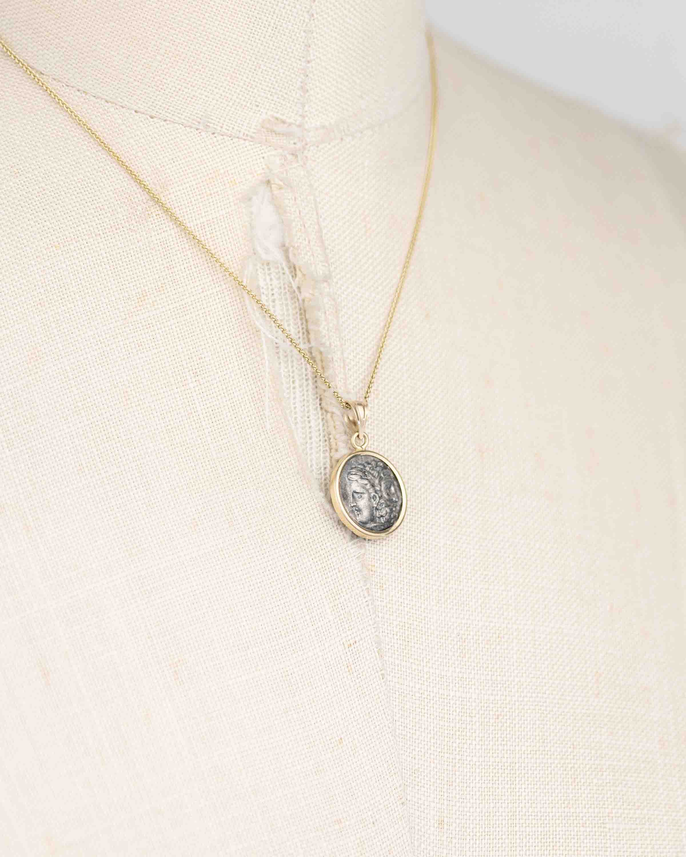 14k Gold Genuine Ancient Greek Coin Necklace (Zeus/Hera; 500-301 B.C.)