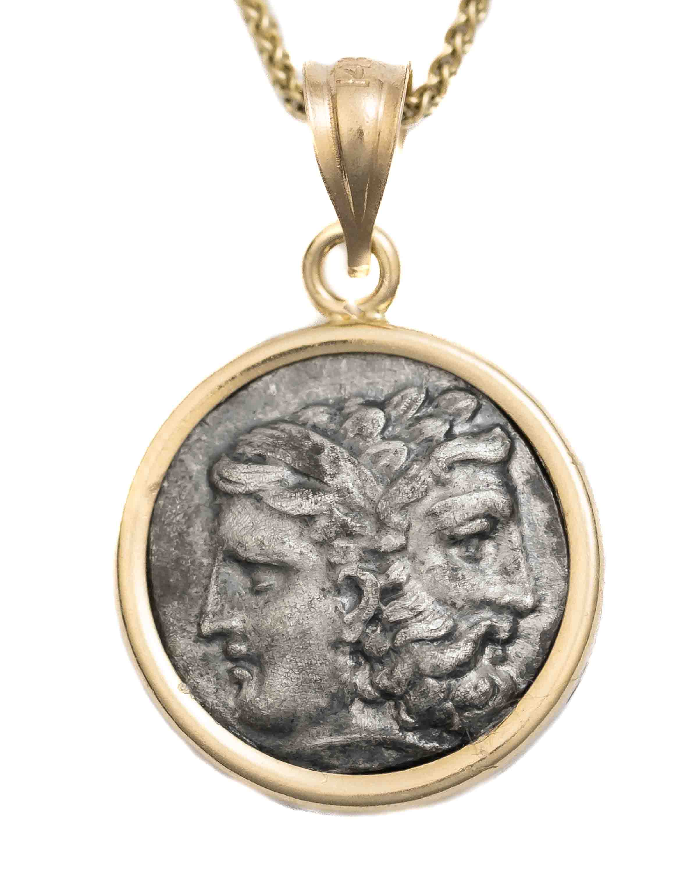 14k Gold Genuine Ancient Greek Coin Necklace (Zeus/Hera; 500-301 B.C.)