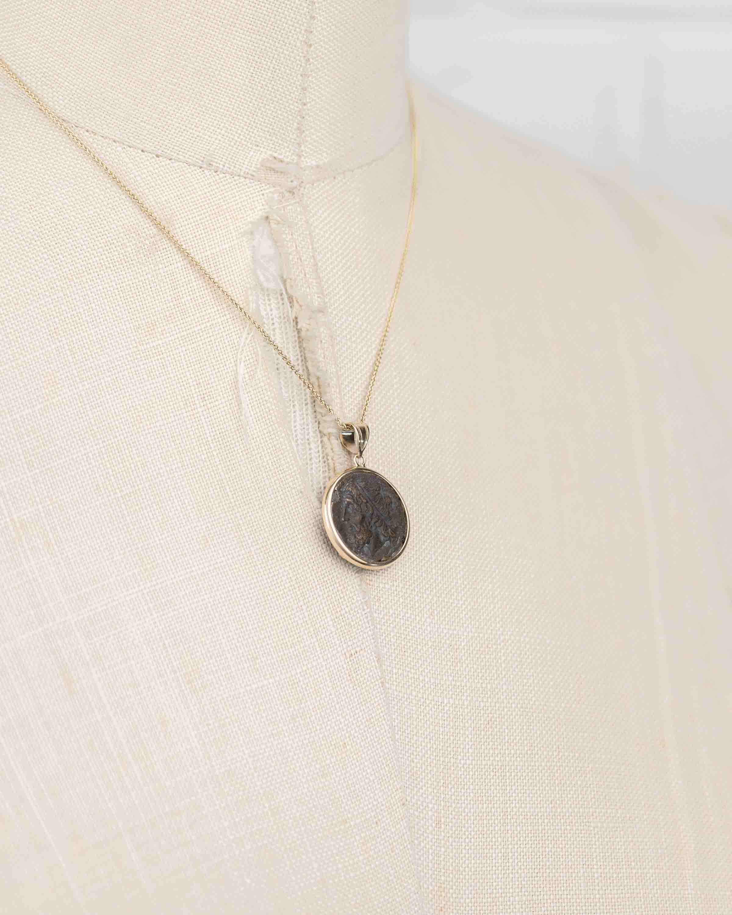 14k Gold Genuine Ancient Greek Coin Necklace (Poseidon; 275-215 B.C.)