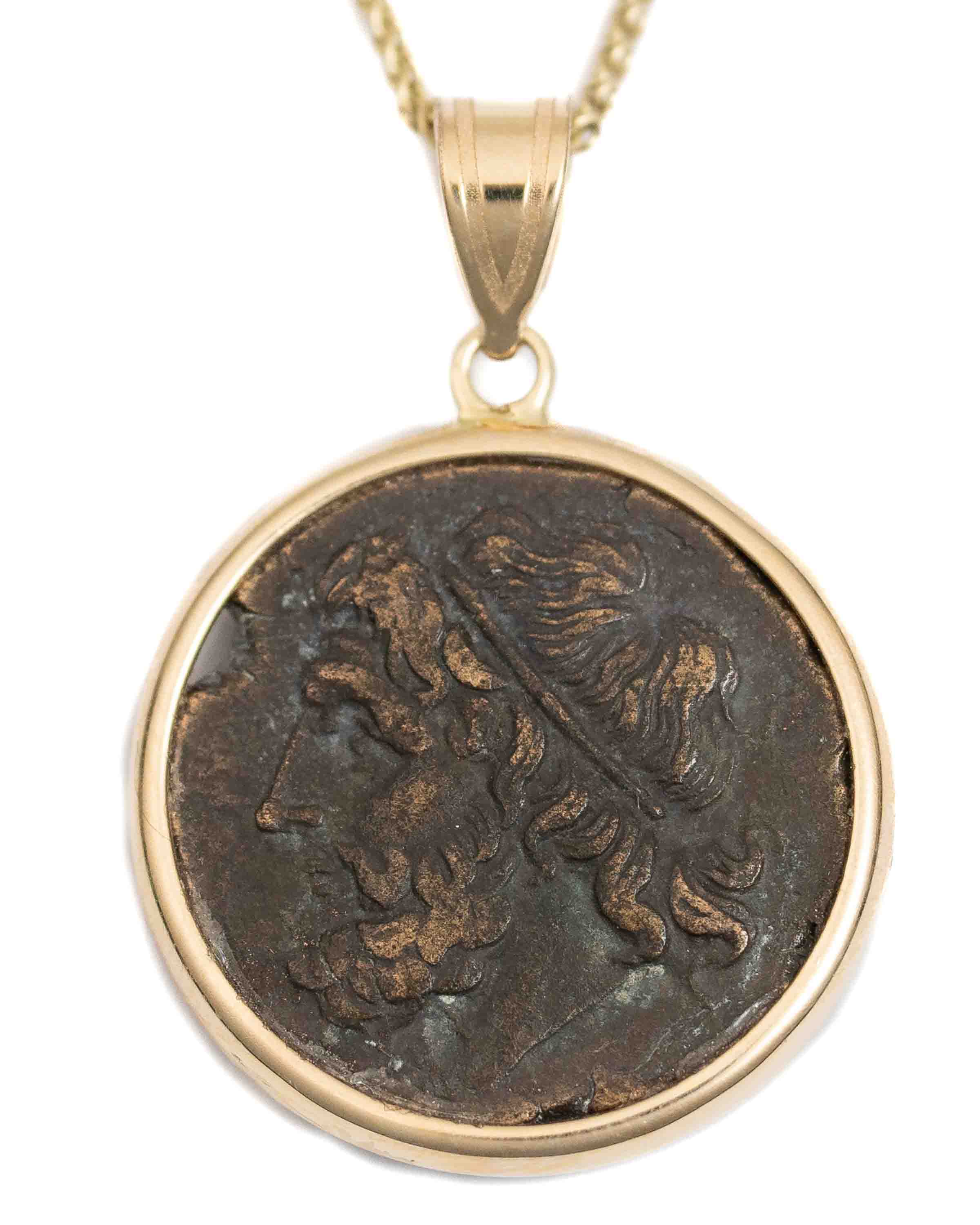 14k Gold Genuine Ancient Greek Coin Necklace (Poseidon; 275-215 B.C.)