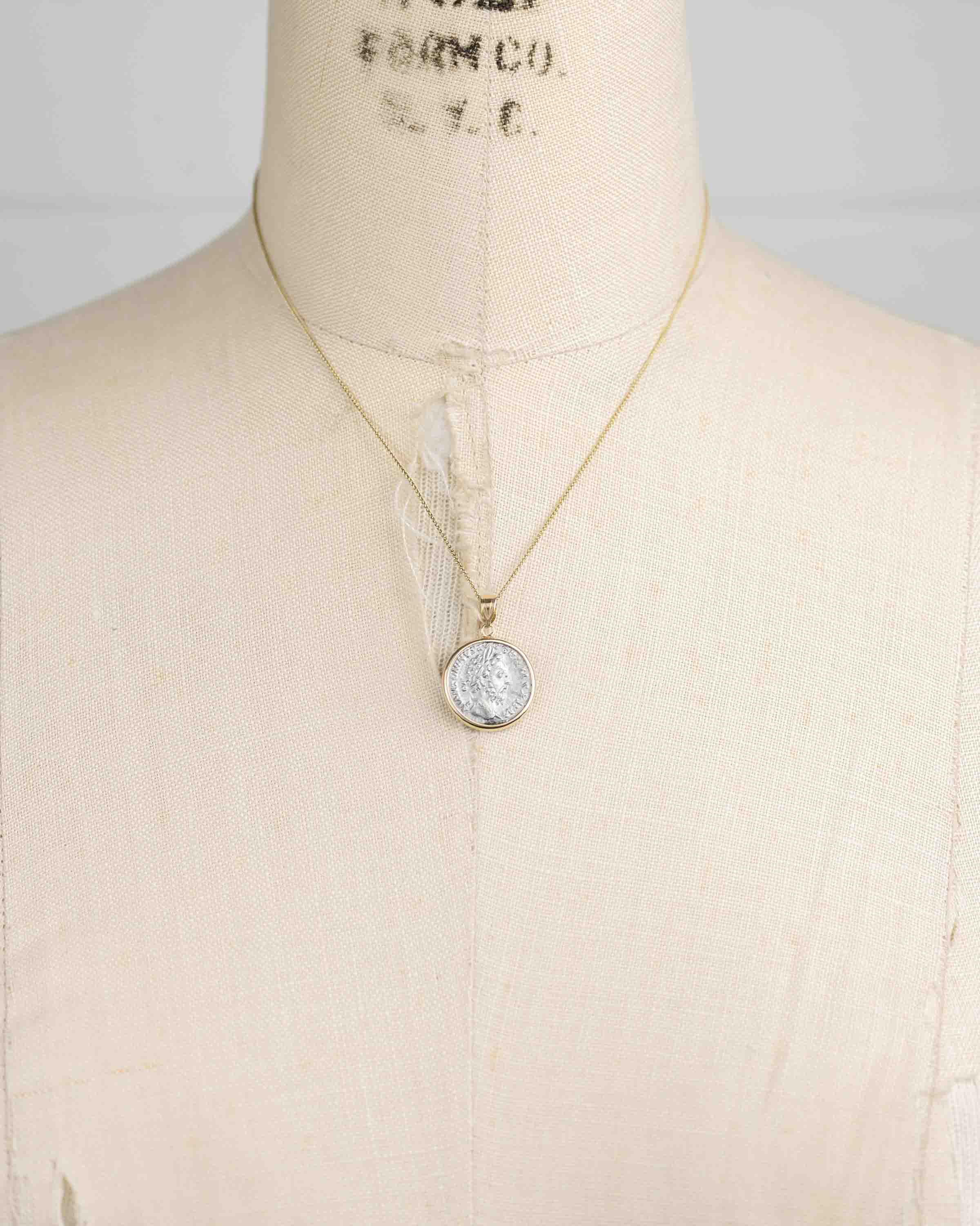 14k Gold Genuine Ancient Roman Coin Necklace (Marcus Aurelius; 161-180 A.D.)