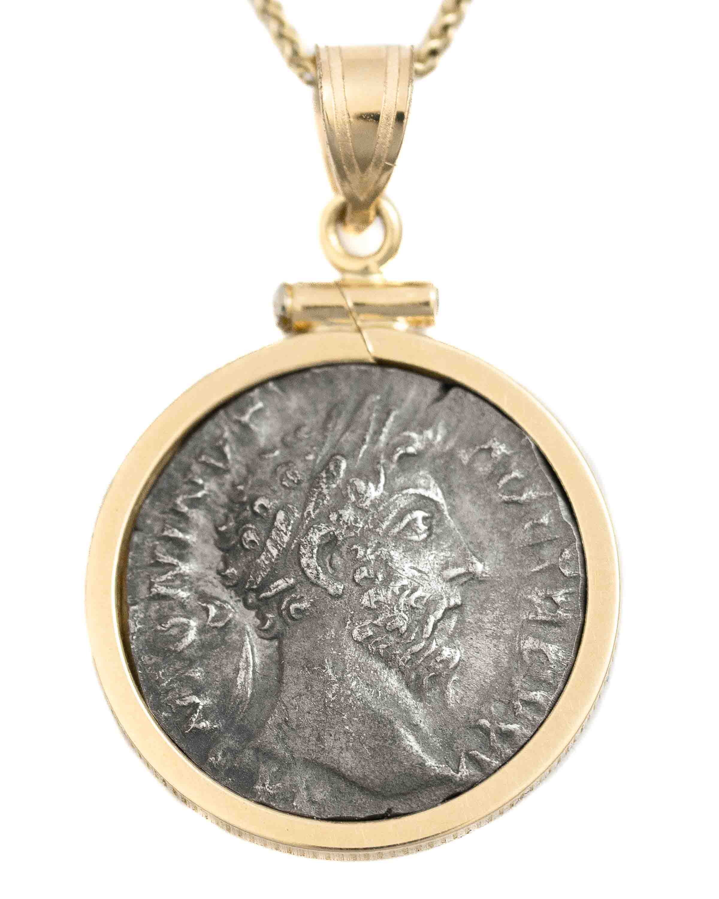 14k Gold Genuine Ancient Roman Coin Necklace (Marcus Aurelius; 161-180 A.D.)