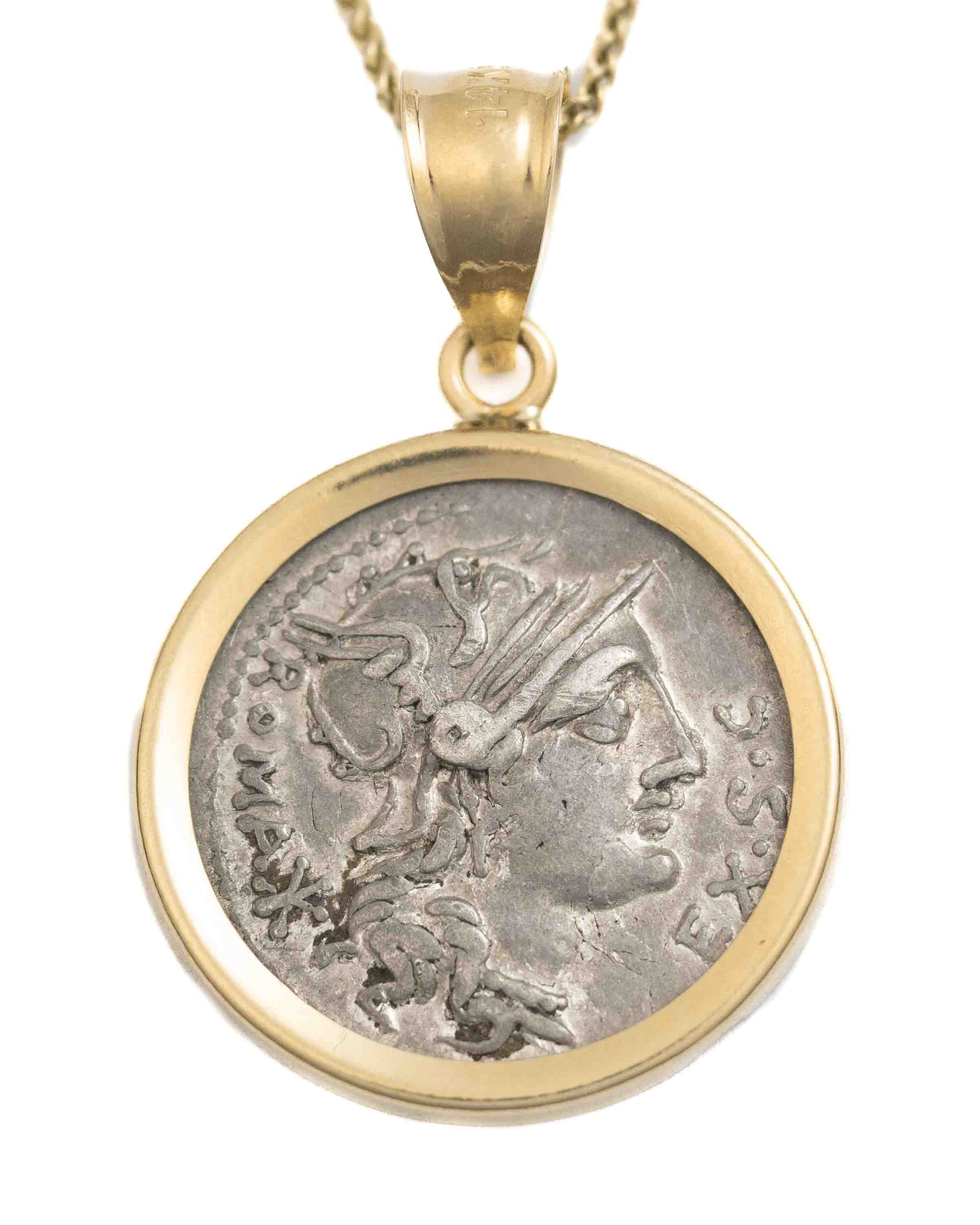 14k Gold Genuine Ancient Roman Coin Necklace (Roma; 116-115 B.C.)