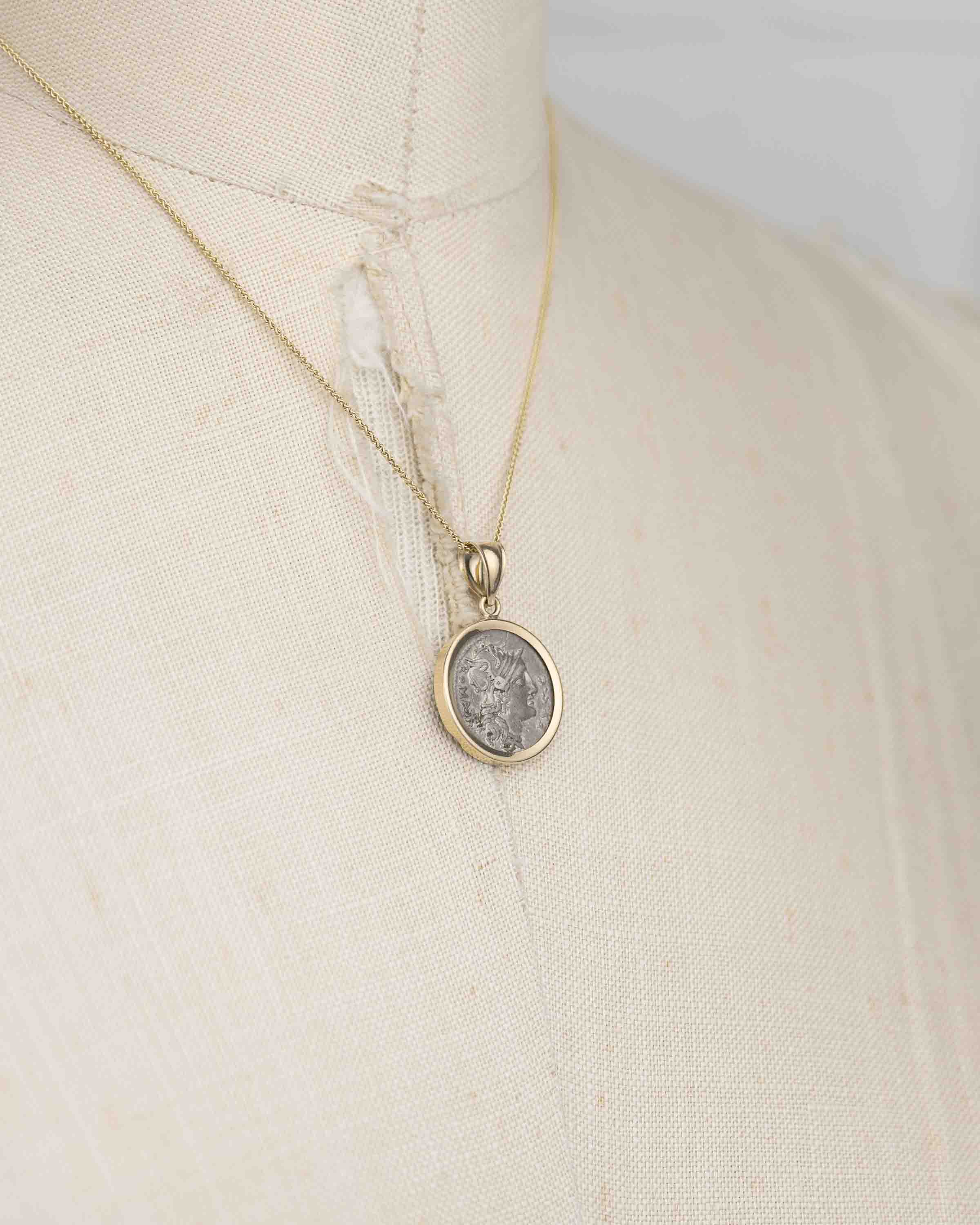 14k Gold Genuine Ancient Roman Coin Necklace (Roma; 116-115 B.C.)
