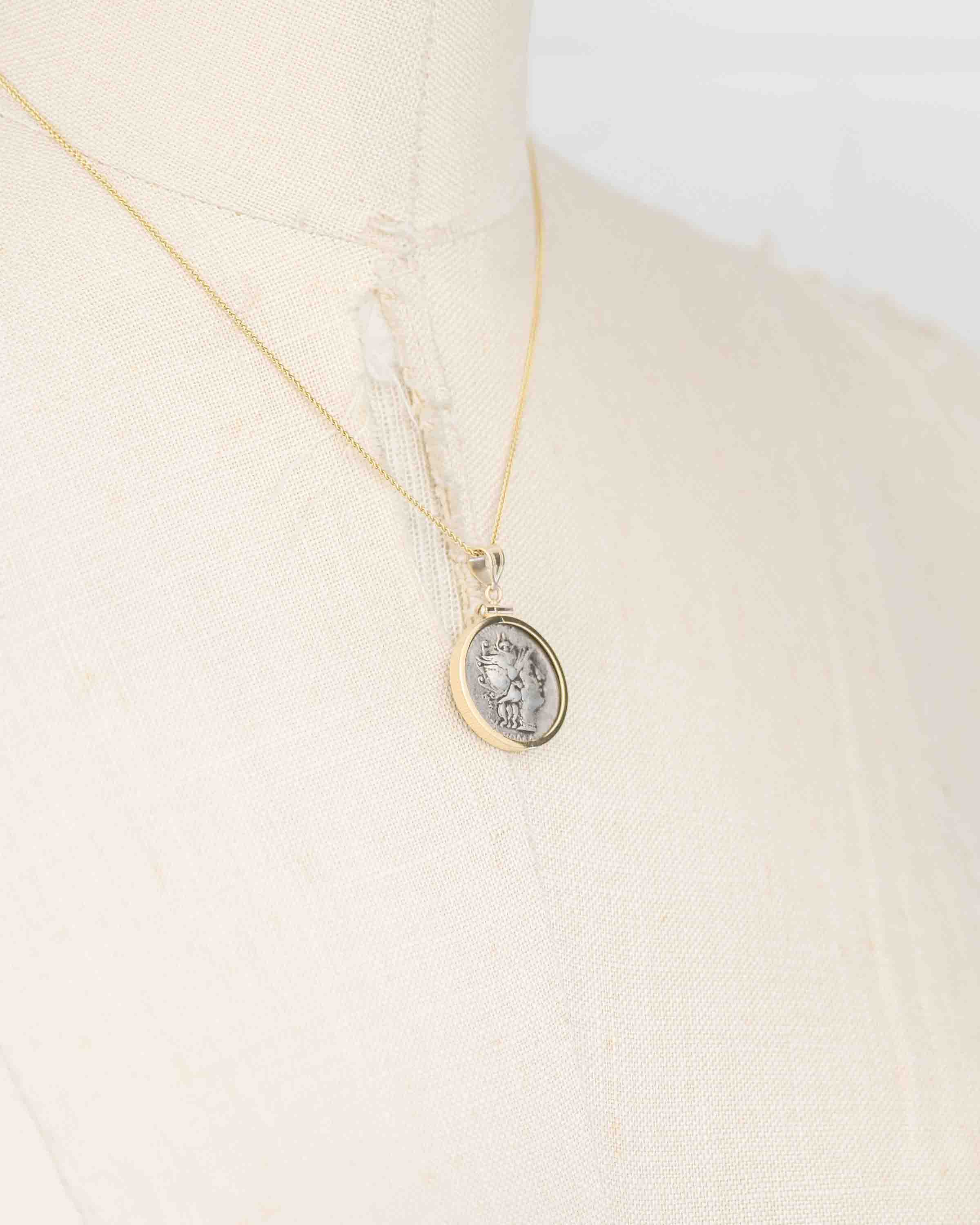 14k Gold Genuine Ancient Roman Coin Necklace (Roma; 136 B.C.)