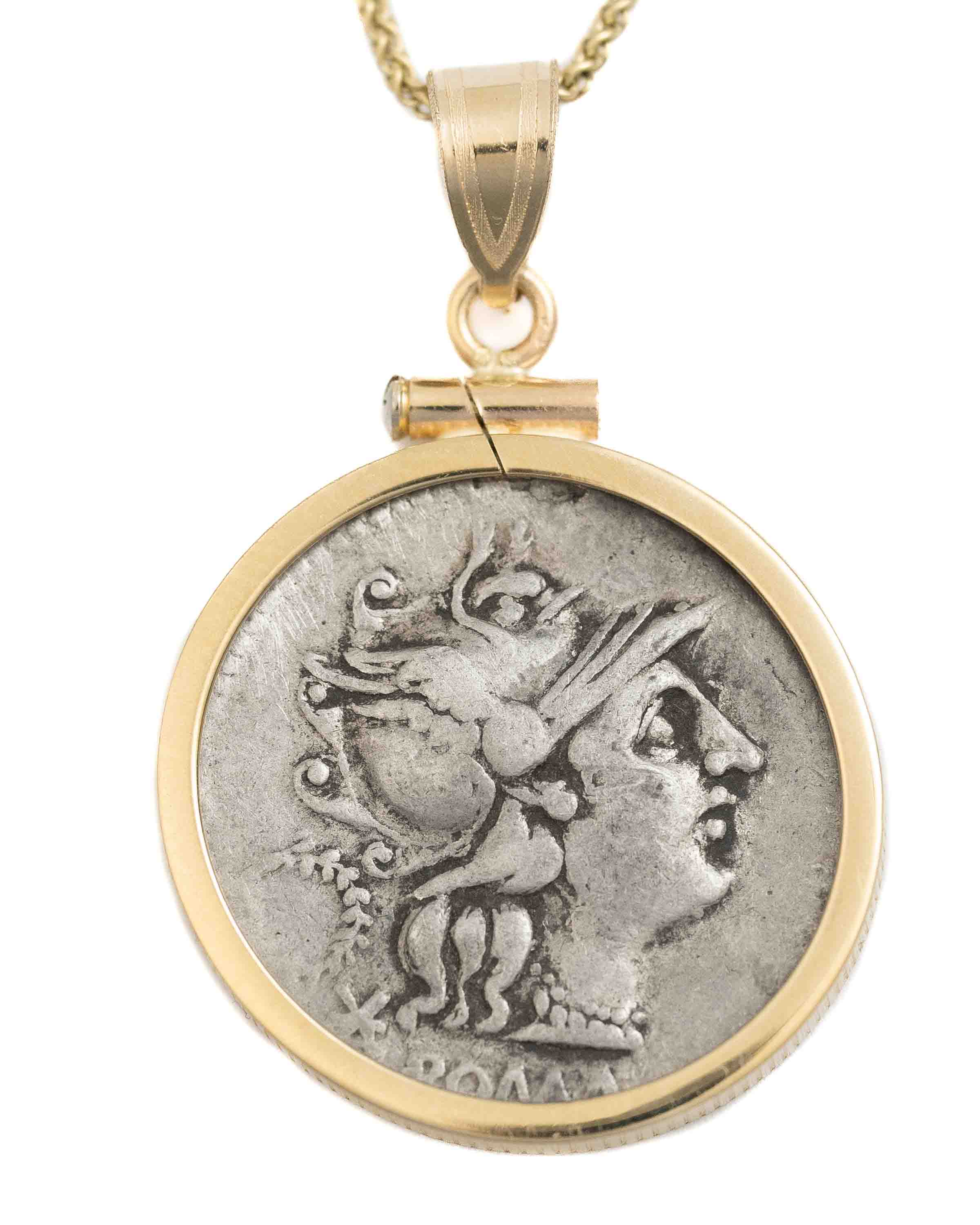 14k Gold Genuine Ancient Roman Coin Necklace (Roma; 136 B.C.)