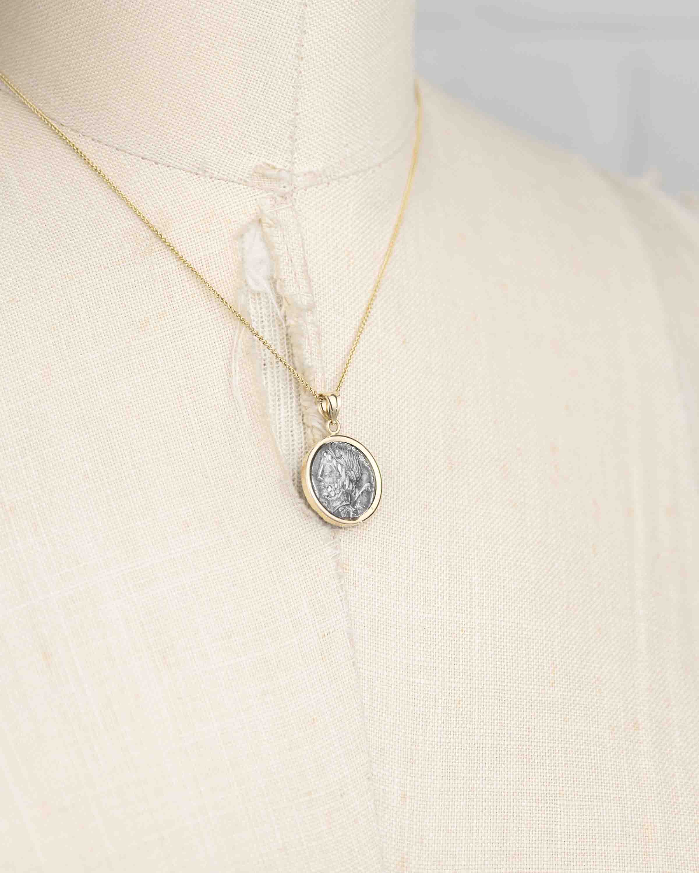 14k Gold Genuine Ancient Roman Coin Necklace (Saturn; 87 B.C.)