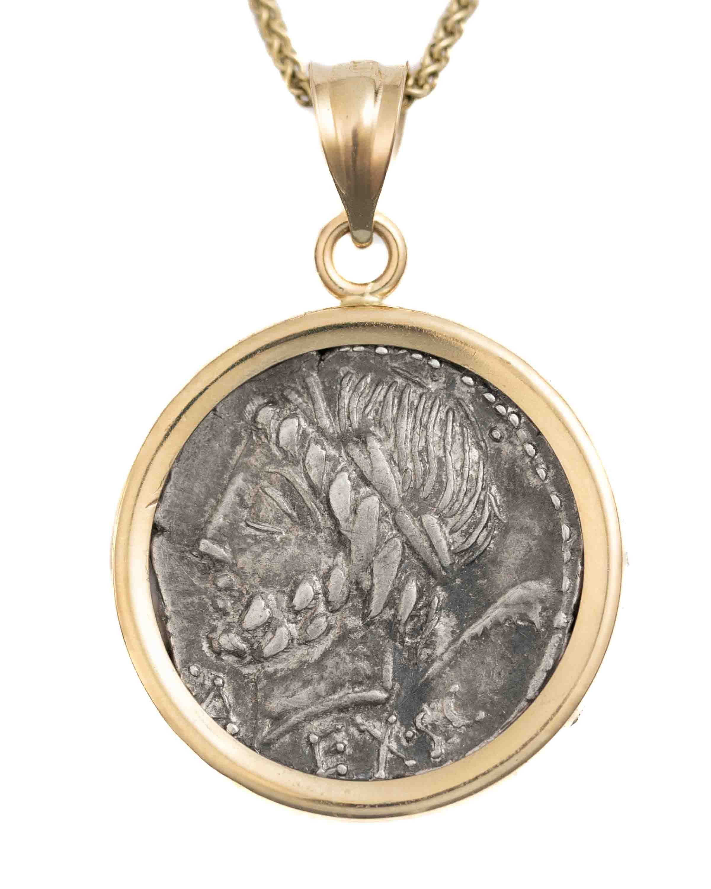 14k Gold Genuine Ancient Roman Coin Necklace (Saturn; 87 B.C.)