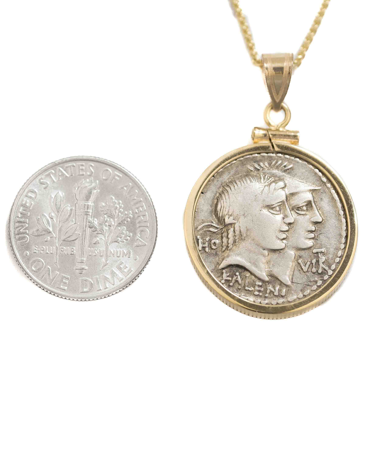 14k Gold Genuine Ancient Roman Coin Pendant Necklace (Honos & Virtus; 68 B.C.)