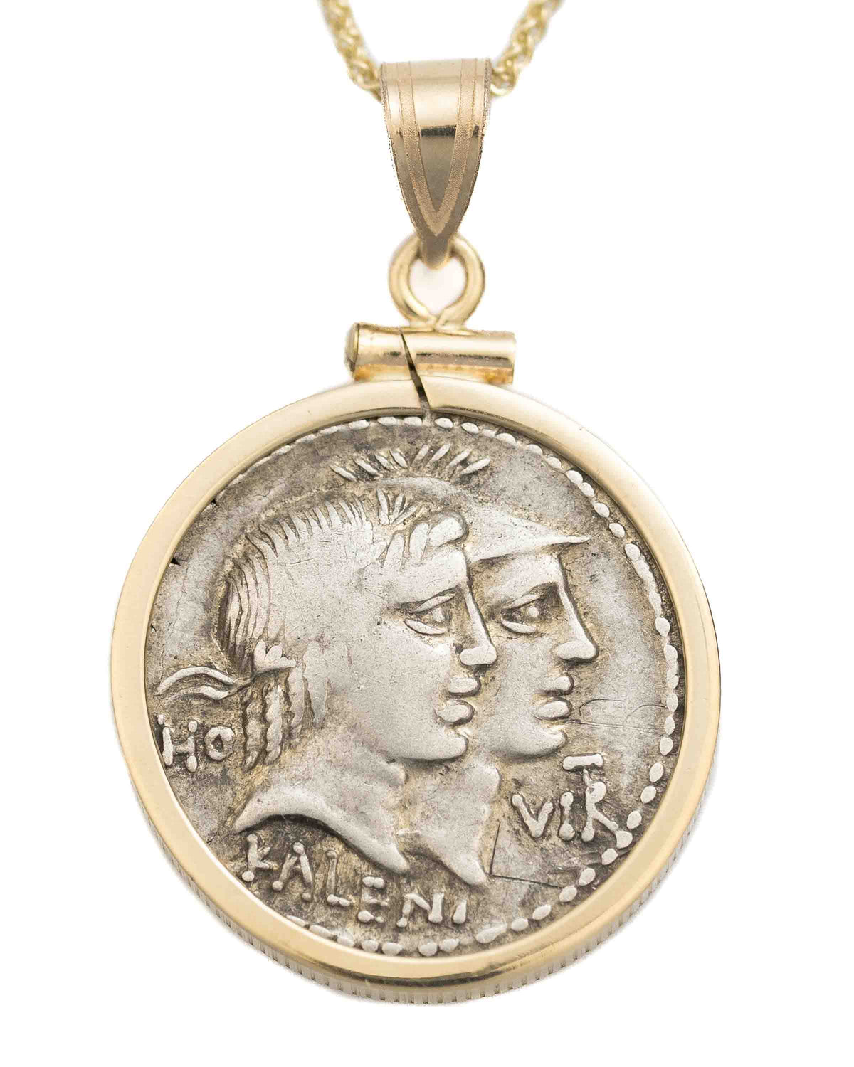 14k Gold Genuine Ancient Roman Coin Pendant Necklace (Honos & Virtus; 68 B.C.)