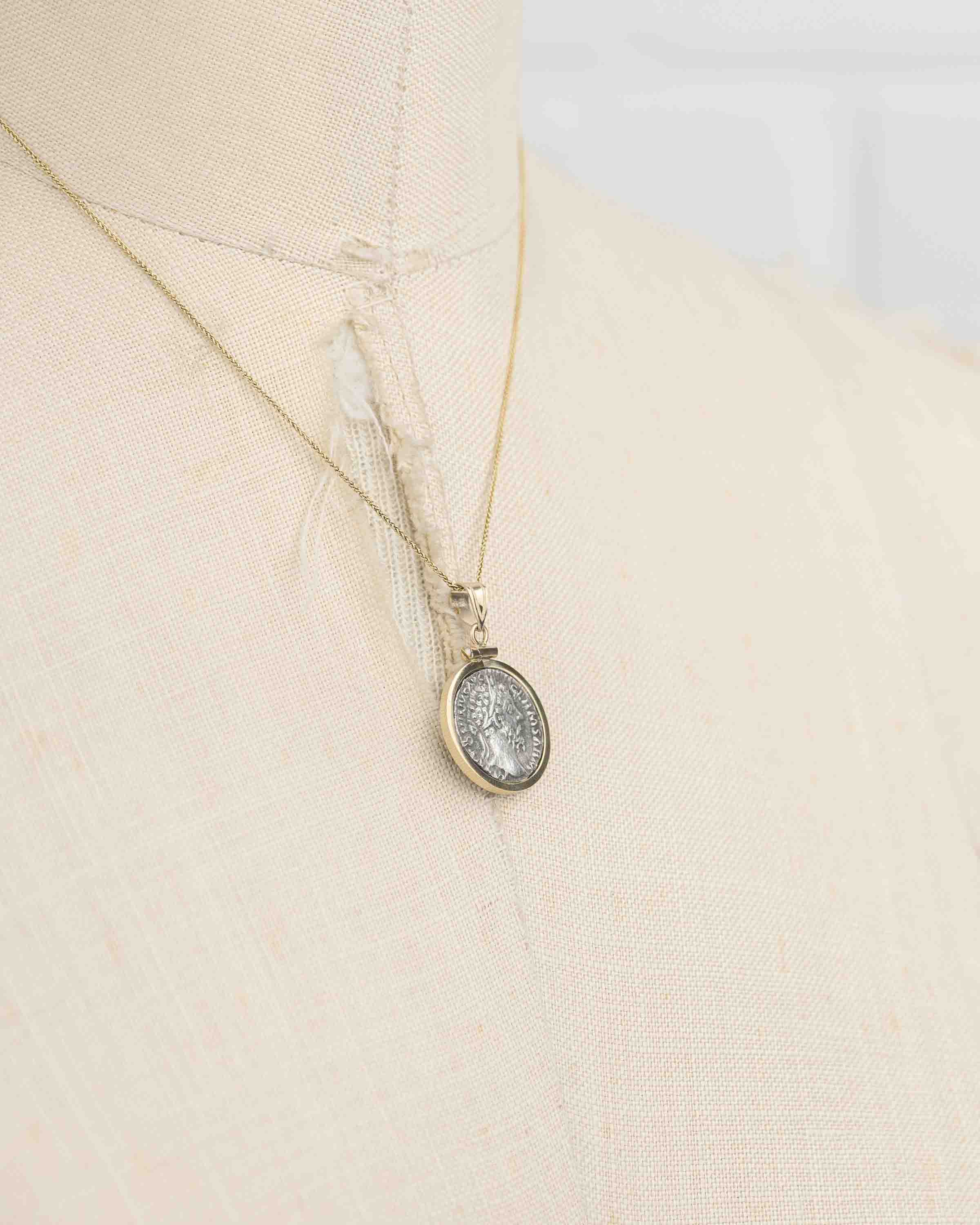 14k Gold Genuine Ancient Roman Coin Necklace (Marcus Aurelius; 161-180 A.D.)