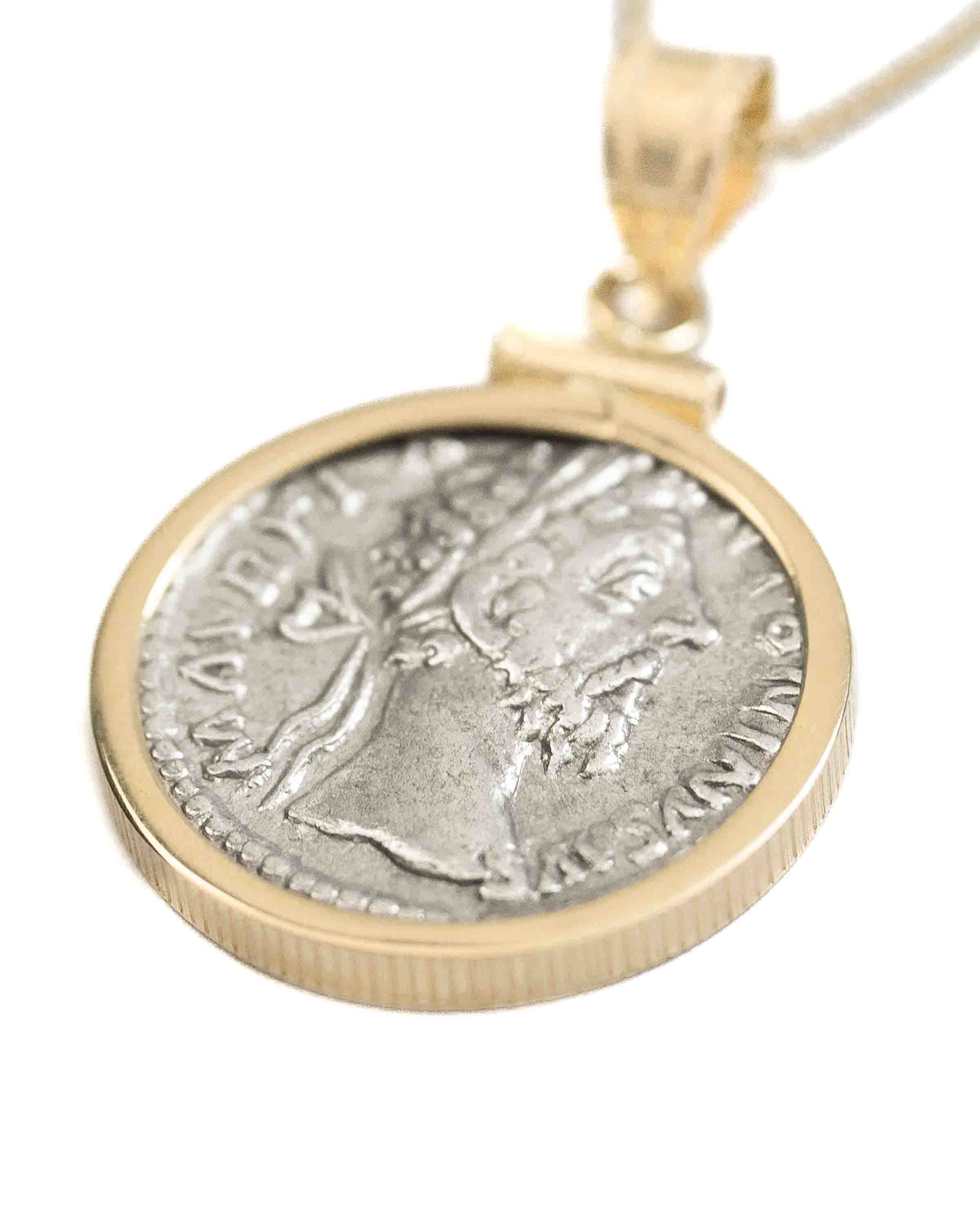14k Gold Genuine Ancient Roman Coin Necklace (Marcus Aurelius; 161-180 A.D.)