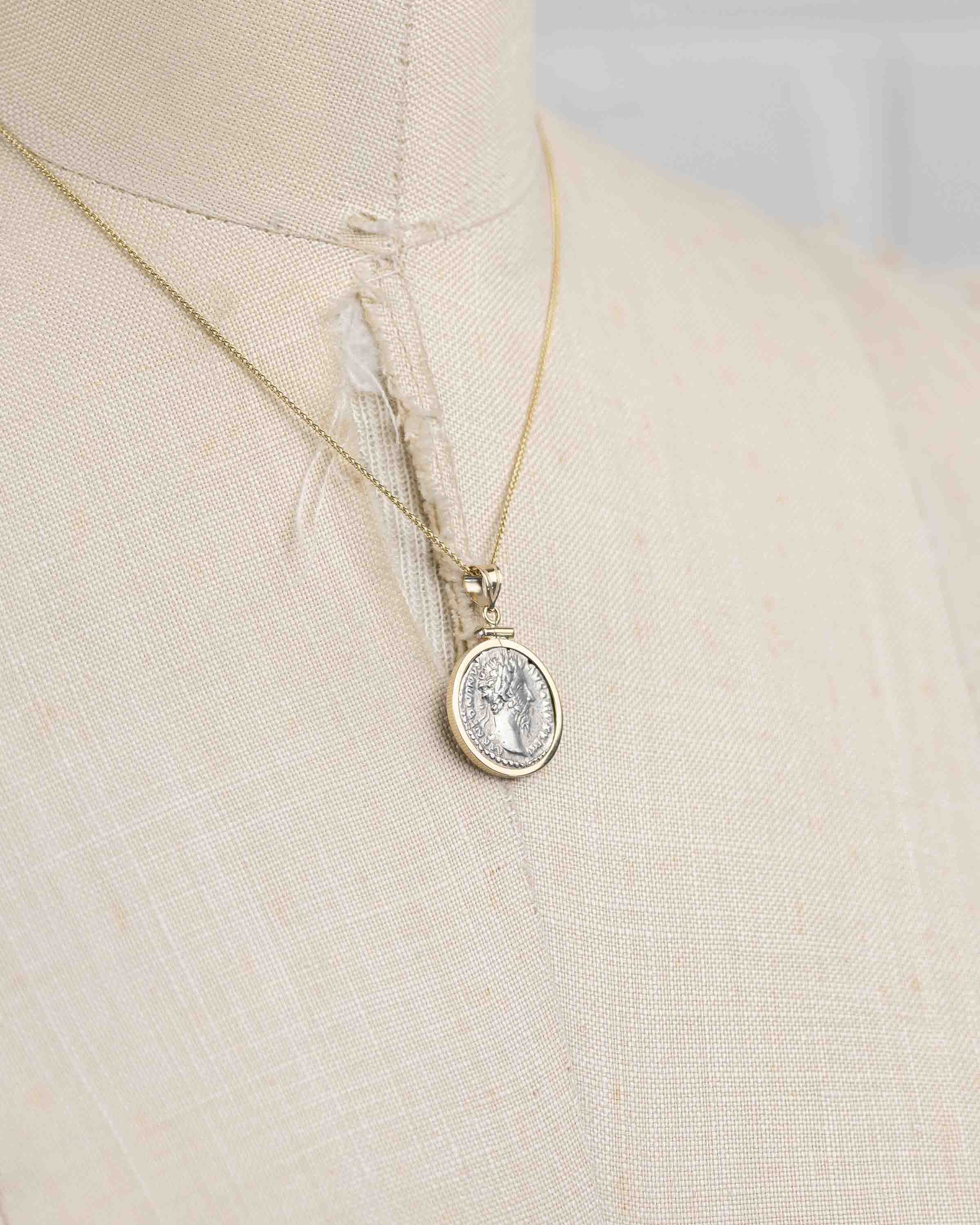 14k Gold Genuine Ancient Roman Coin Necklace (Marcus Aurelius; 161-180 A.D.)