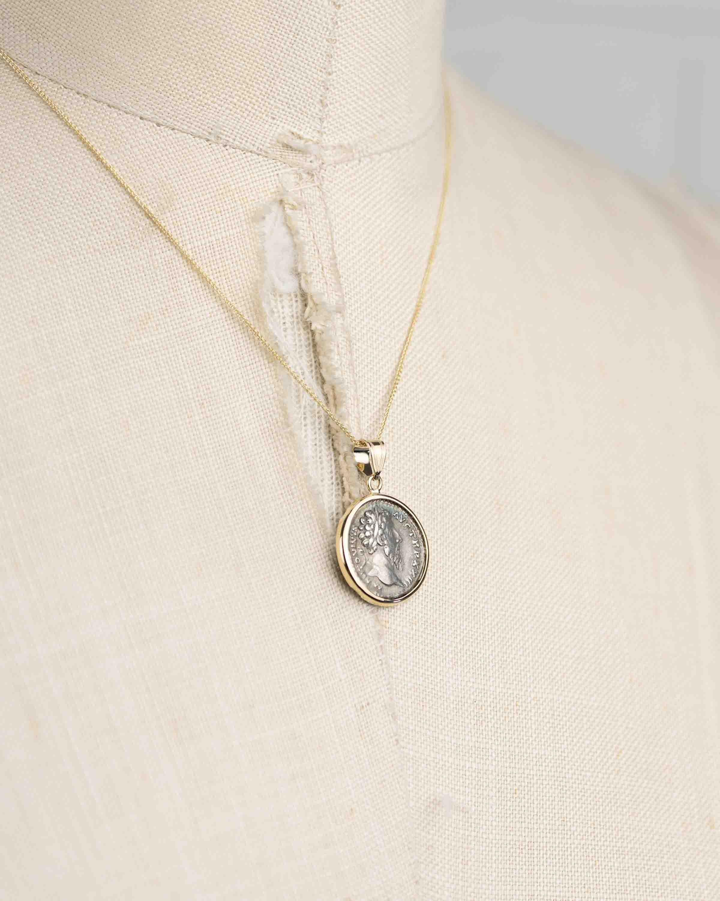 14k Gold Genuine Ancient Roman Coin Necklace (Marcus Aurelius; 161-180 A. D.)