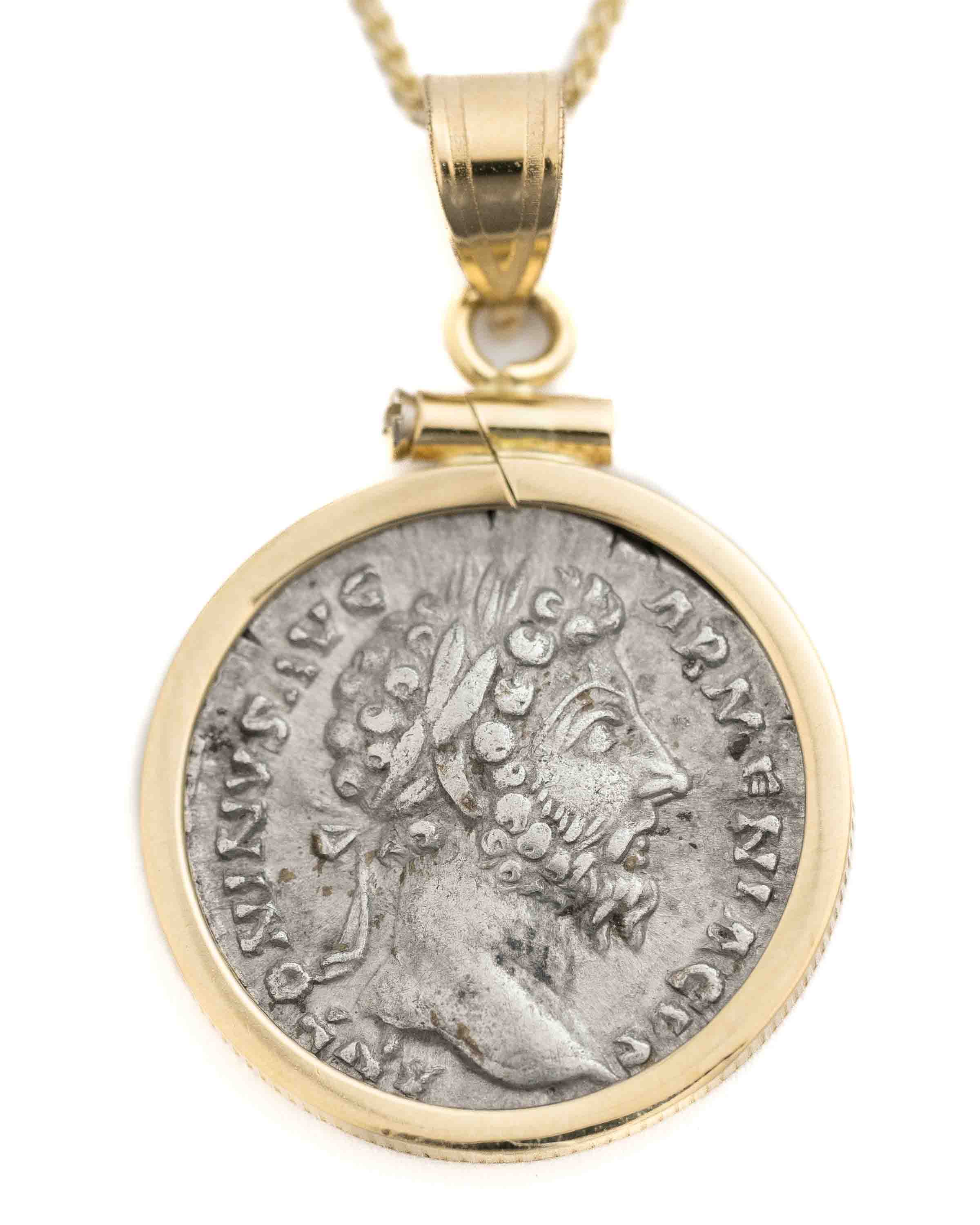 14k Gold Genuine Ancient Roman Coin Necklace (Marcus Aurelius; 161-180 A.D.)