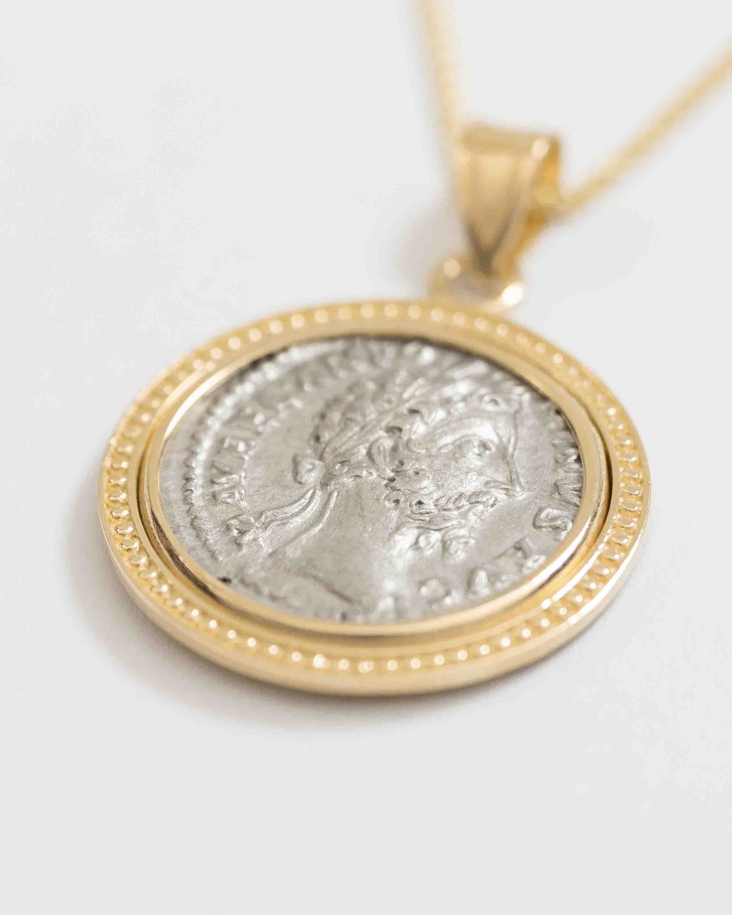 14k Gold Genuine Ancient Roman Coin Necklace (Marcus Aurelius; 161-180 A.D.)
