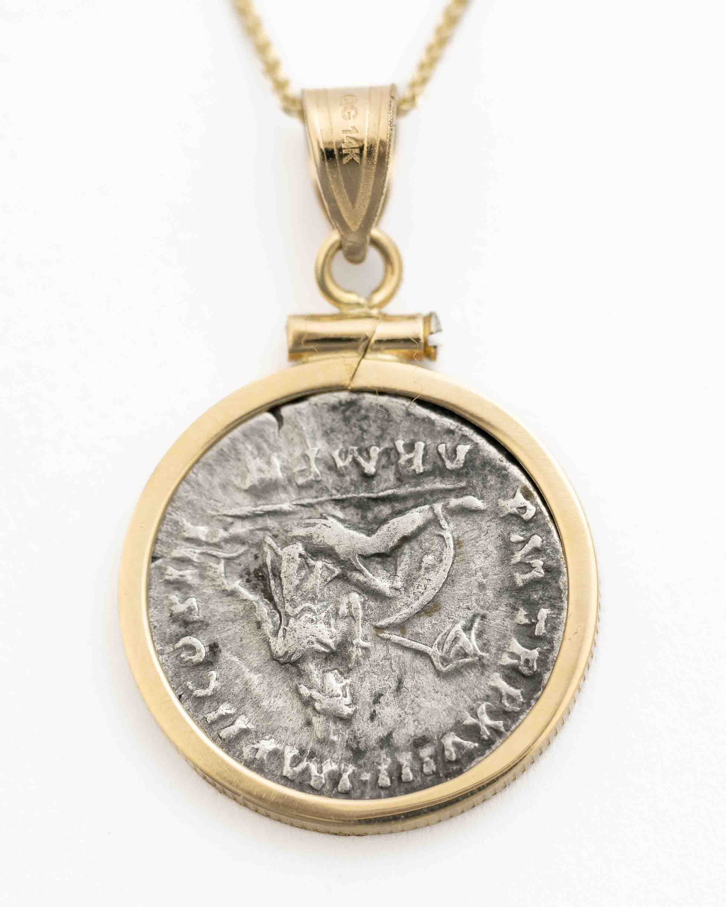 14k Gold Genuine Ancient Roman Coin Necklace (Marcus Aurelius; 161-180 A.D.)