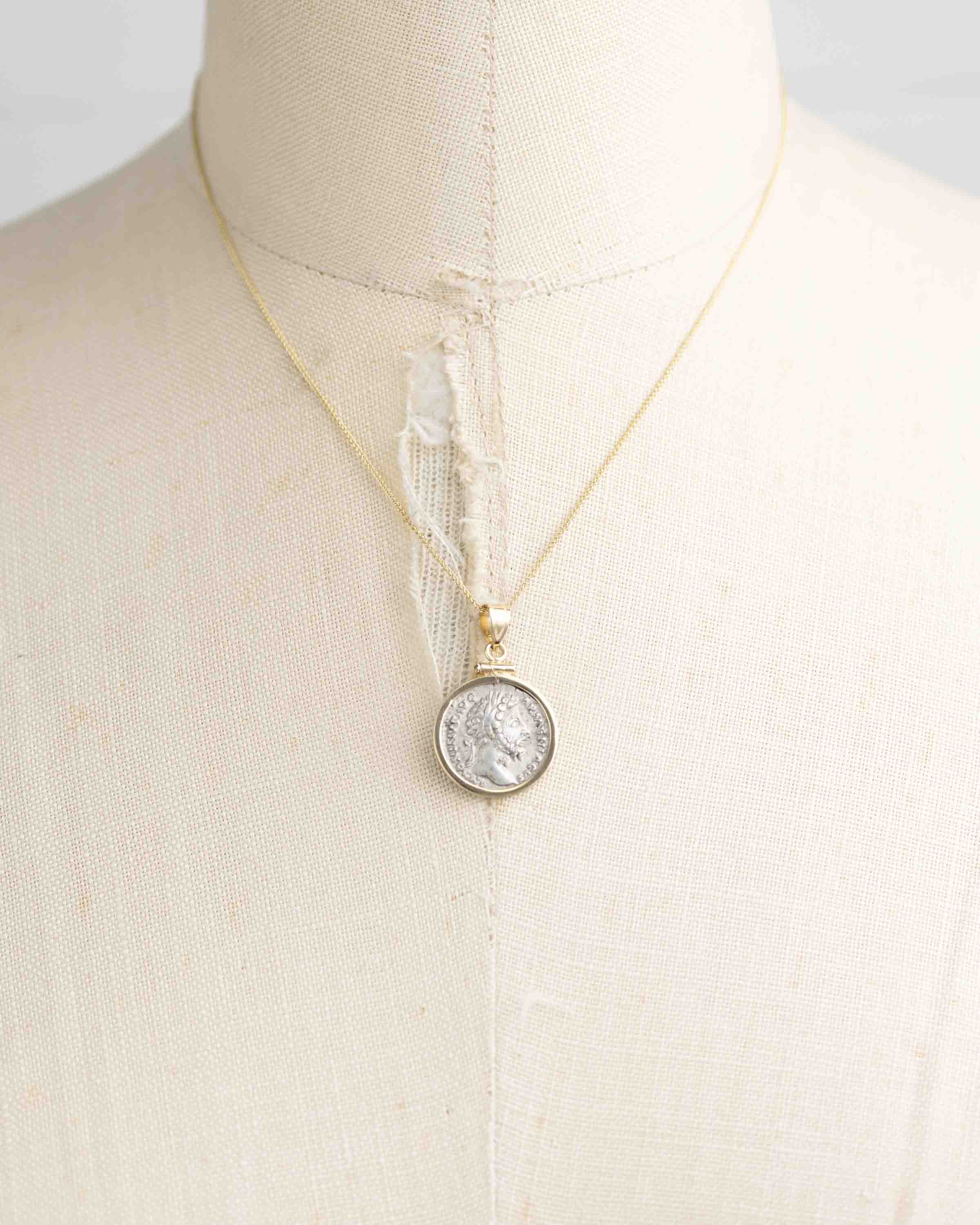 14k Gold Genuine Ancient Roman Coin Necklace (Marcus Aurelius; 161-180 A.D.)