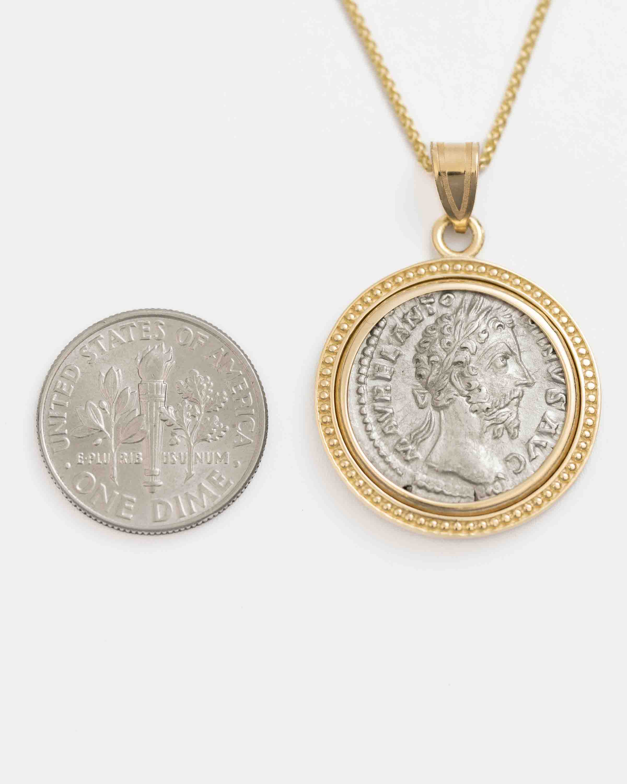 14k Gold Genuine Ancient Roman Coin Necklace (Marcus Aurelius; 161-180 A.D.)