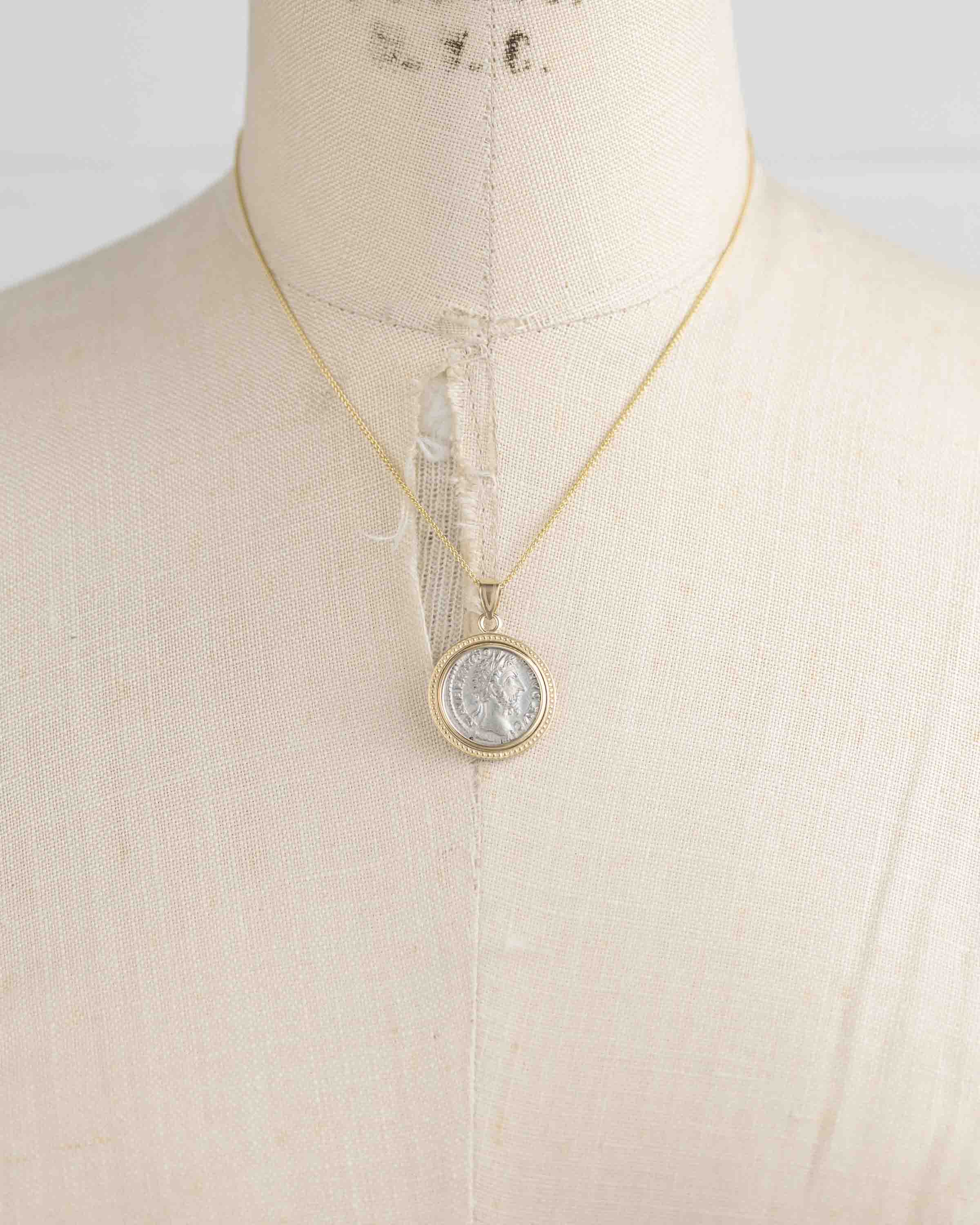 14k Gold Genuine Ancient Roman Coin Necklace (Marcus Aurelius; 161-180 A.D.)