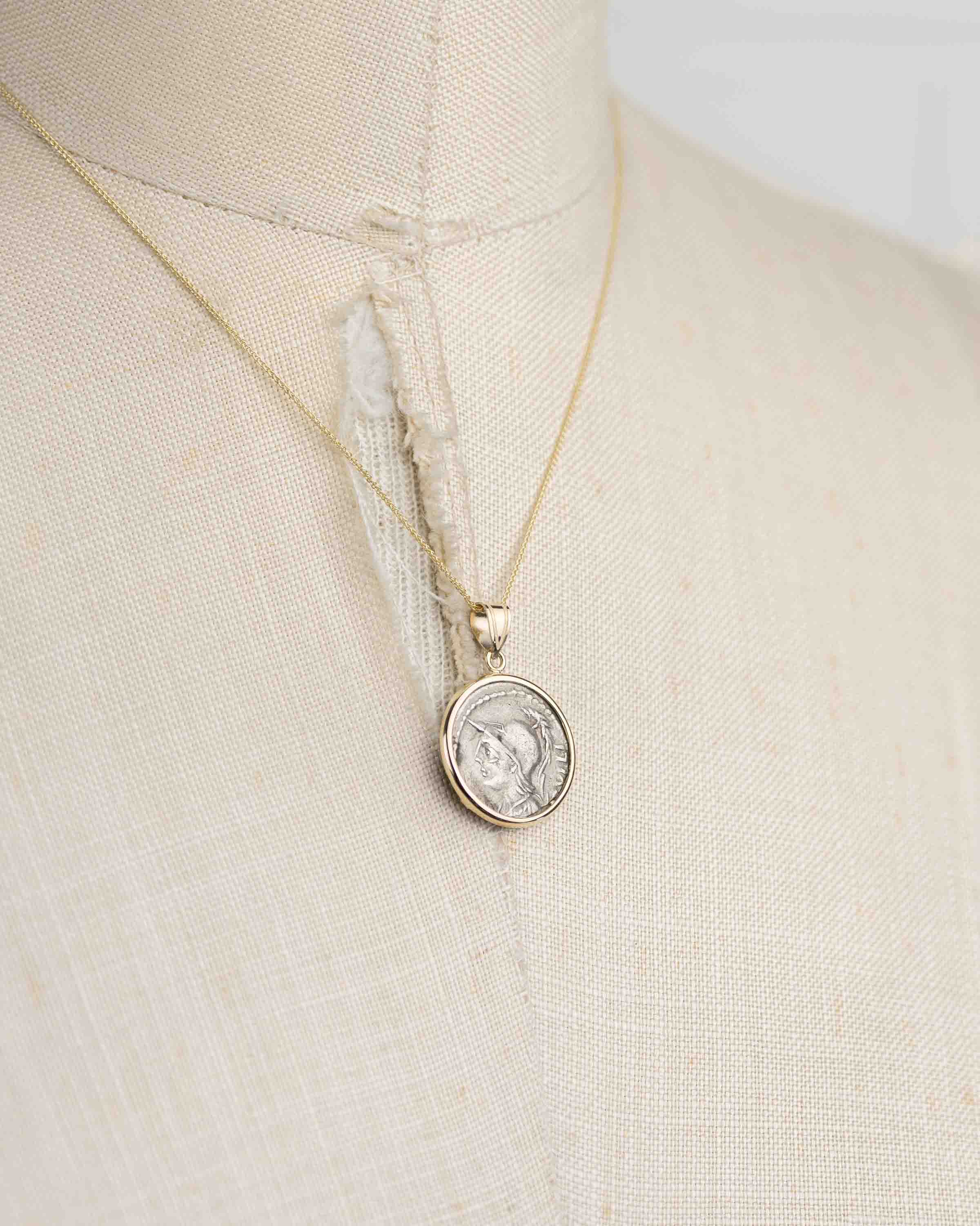 14k Gold Genuine Ancient Roman Coin Necklace (Minerva; 100 B.C.)