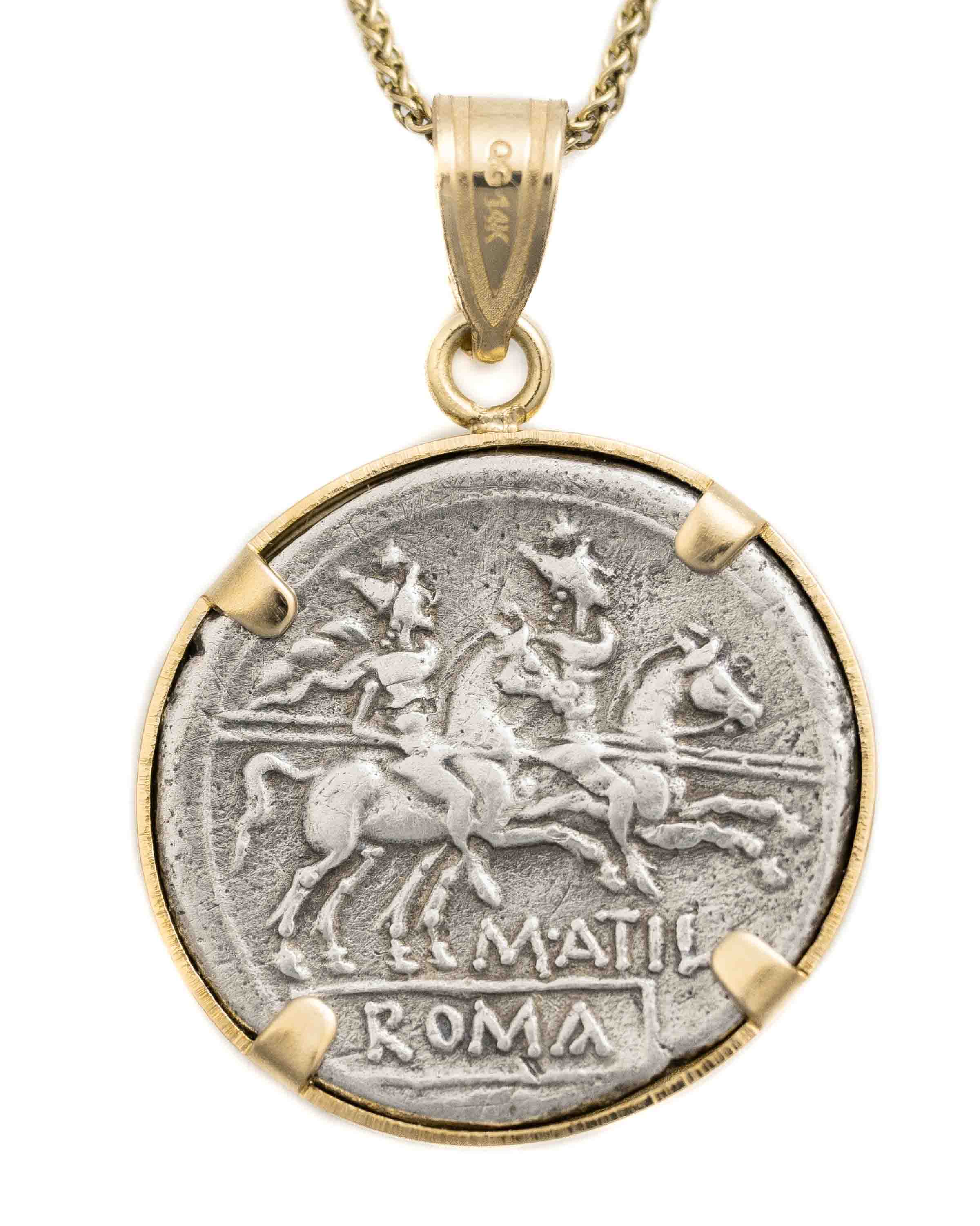 14k Gold Genuine Ancient Roman Coin Necklace (Roma; 148 B.C.)
