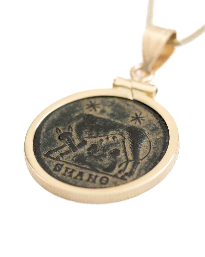 14k Gold Genuine Ancient Constantinople Commemorative Coin Necklace (Romulus & Remus; 330-354 A.D.)