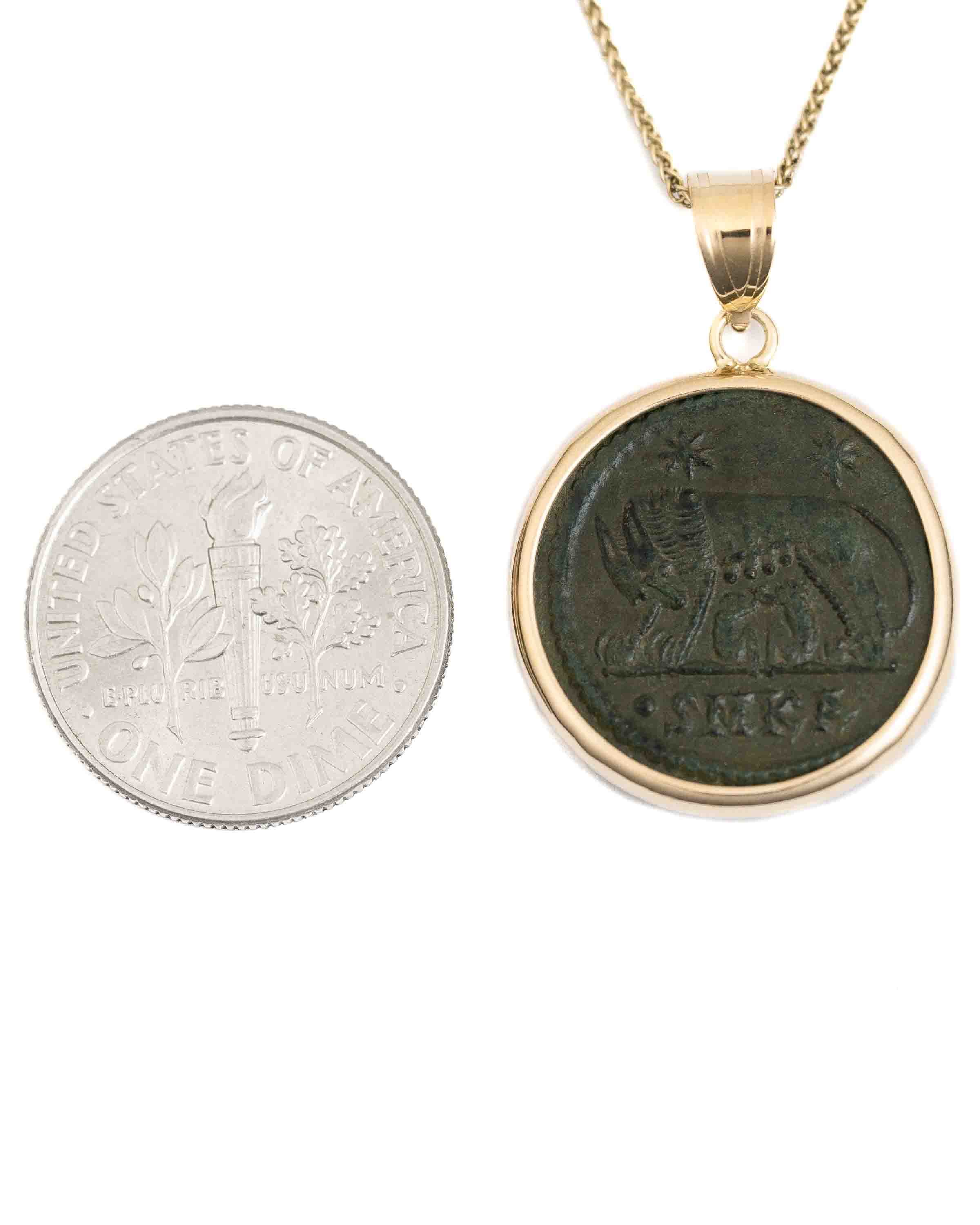 14k Gold Genuine Ancient Constantinople Commemorative Coin Necklace (Romulus & Remus; 307-337 A.D.)