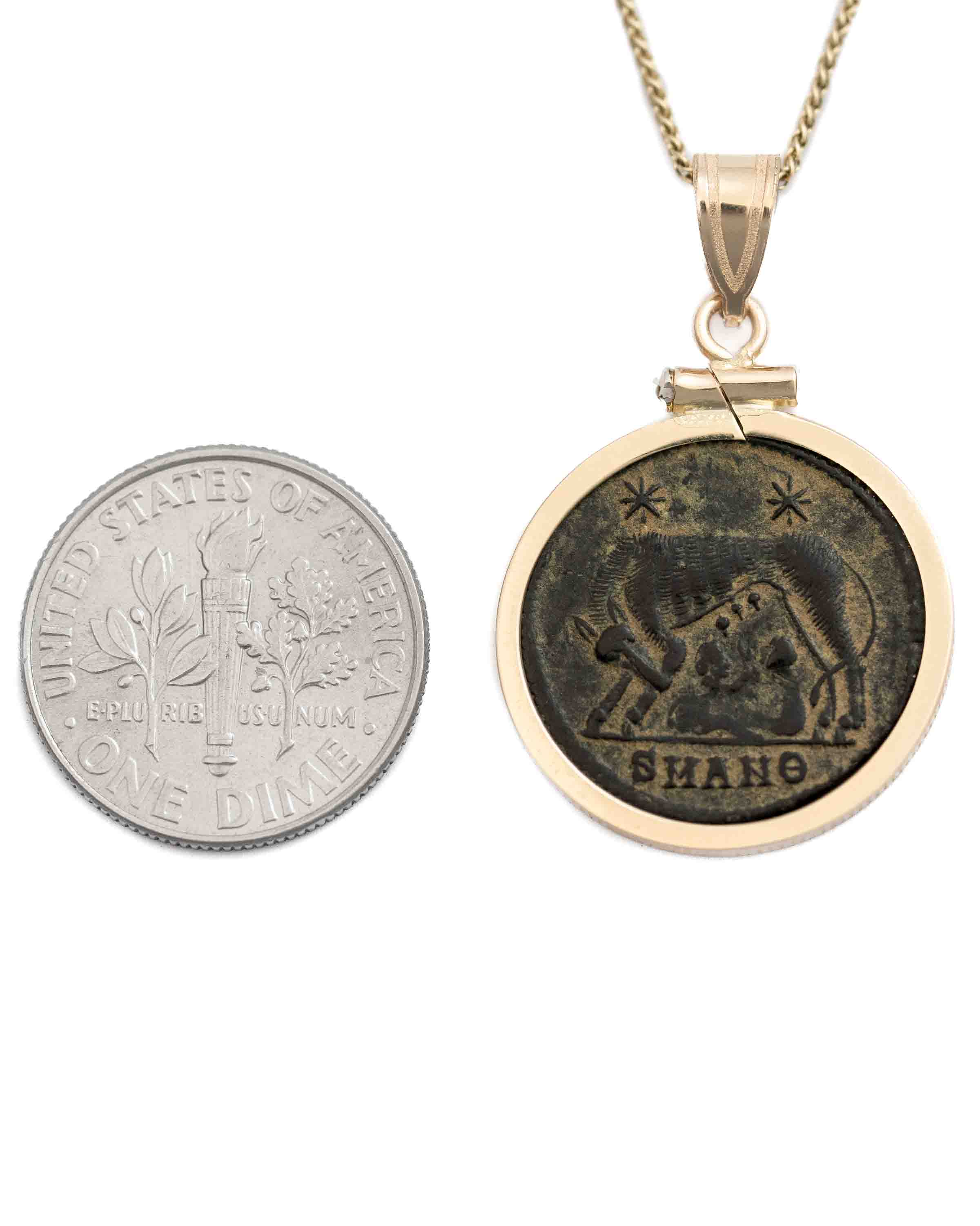 14k Gold Genuine Ancient Constantinople Commemorative Coin Necklace (Romulus & Remus; 330-354 A.D.)