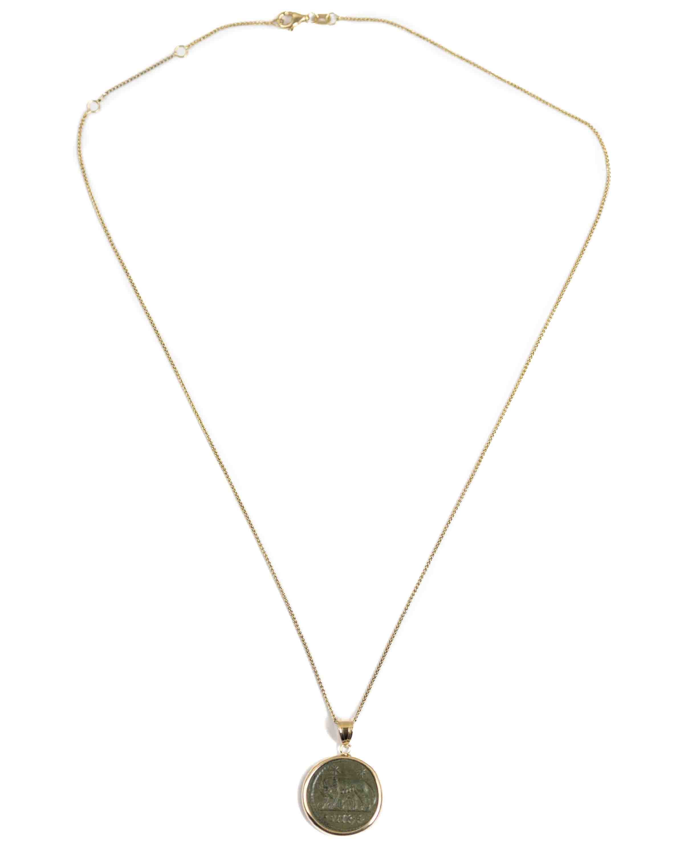 14k Gold Genuine Ancient Constantinople Commemorative Coin Necklace (Romulus & Remus; 307-337 A.D.)
