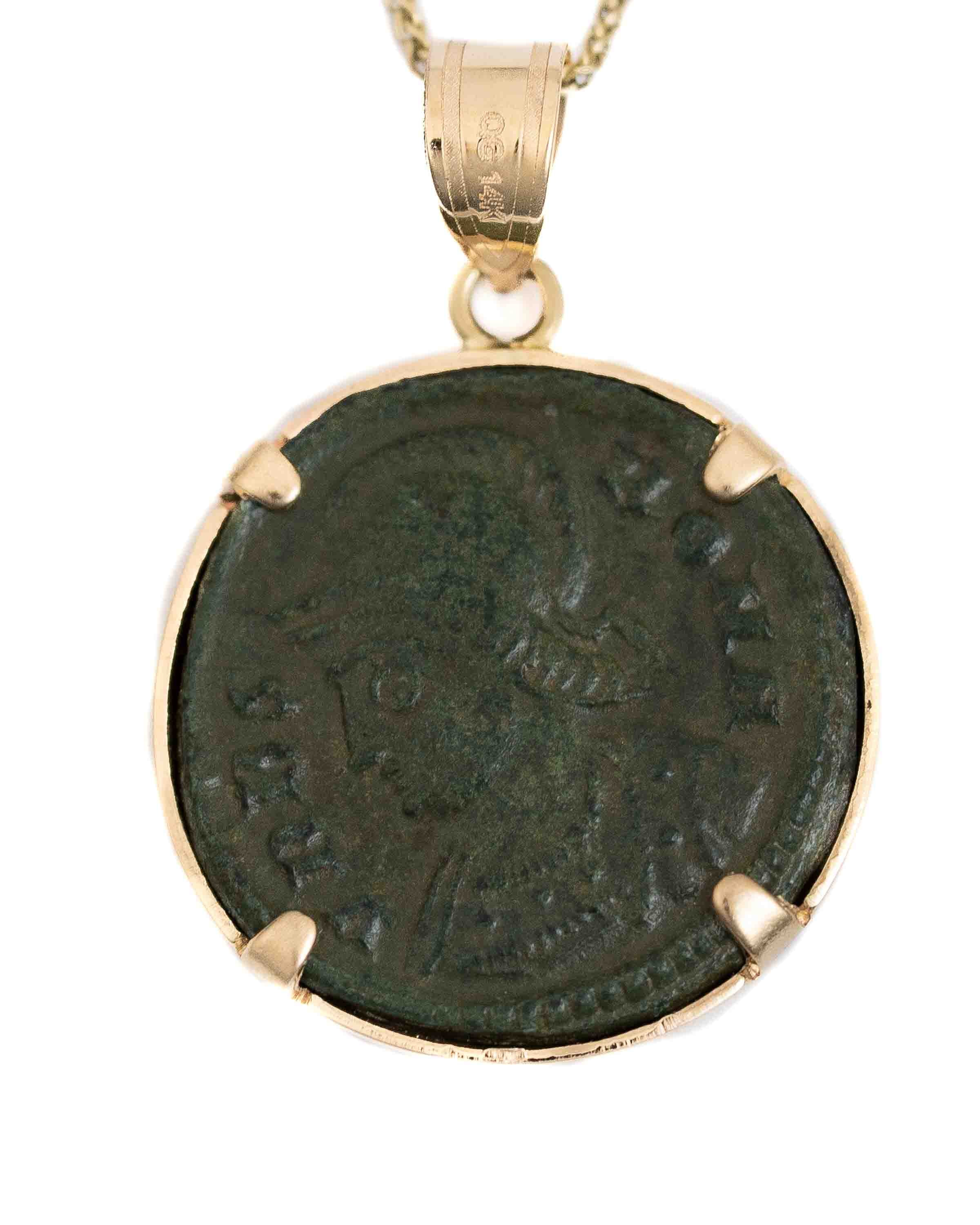 14k Gold Genuine Ancient Constantinople Commemorative Coin Necklace (Romulus & Remus; 307-337 A.D.)