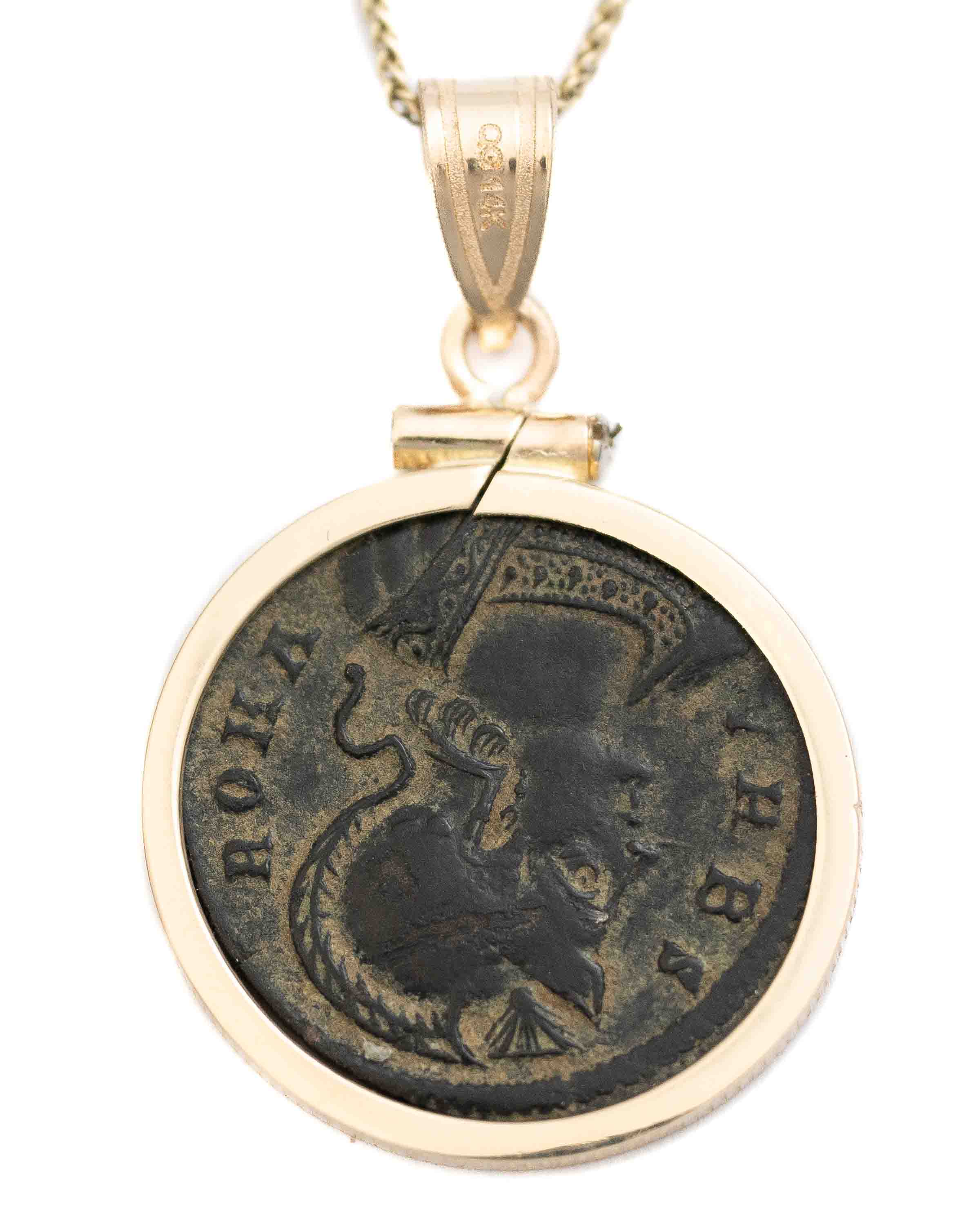 14k Gold Genuine Ancient Constantinople Commemorative Coin Necklace (Romulus & Remus; 330-354 A.D.)