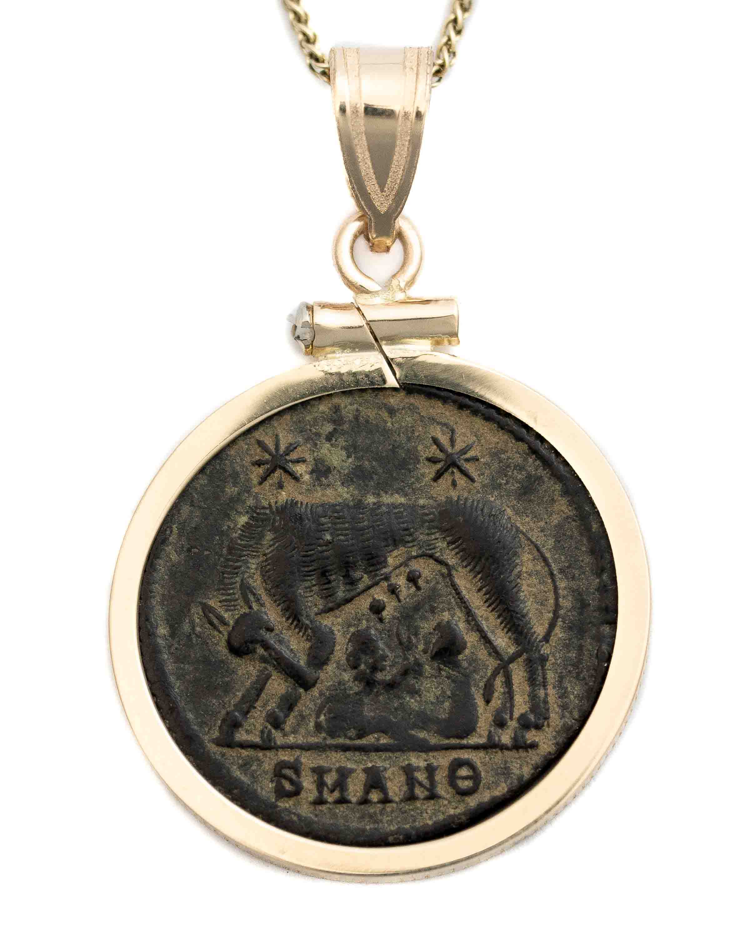 14k Gold Genuine Ancient Constantinople Commemorative Coin Necklace (Romulus & Remus; 330-354 A.D.)