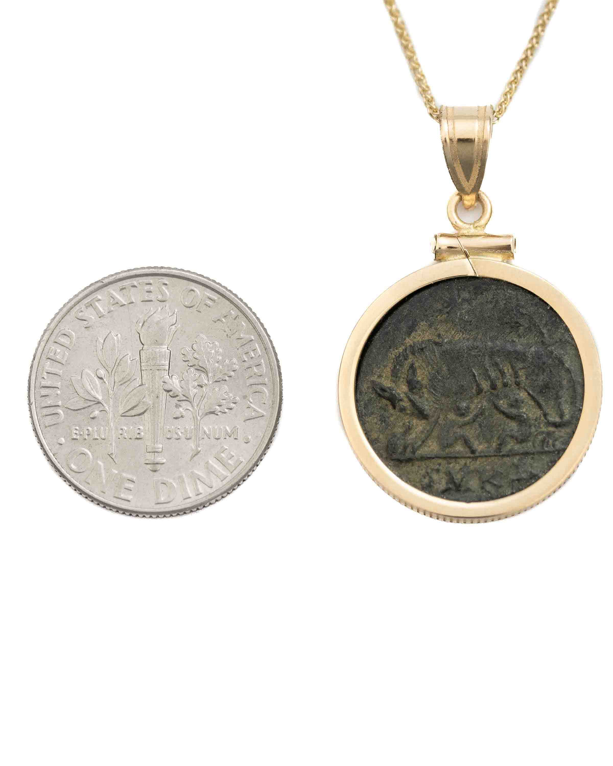 14k Gold Genuine Ancient Constantinople Commemorative Coin Necklace (Romulus & Remus; 307-337 A.D.)
