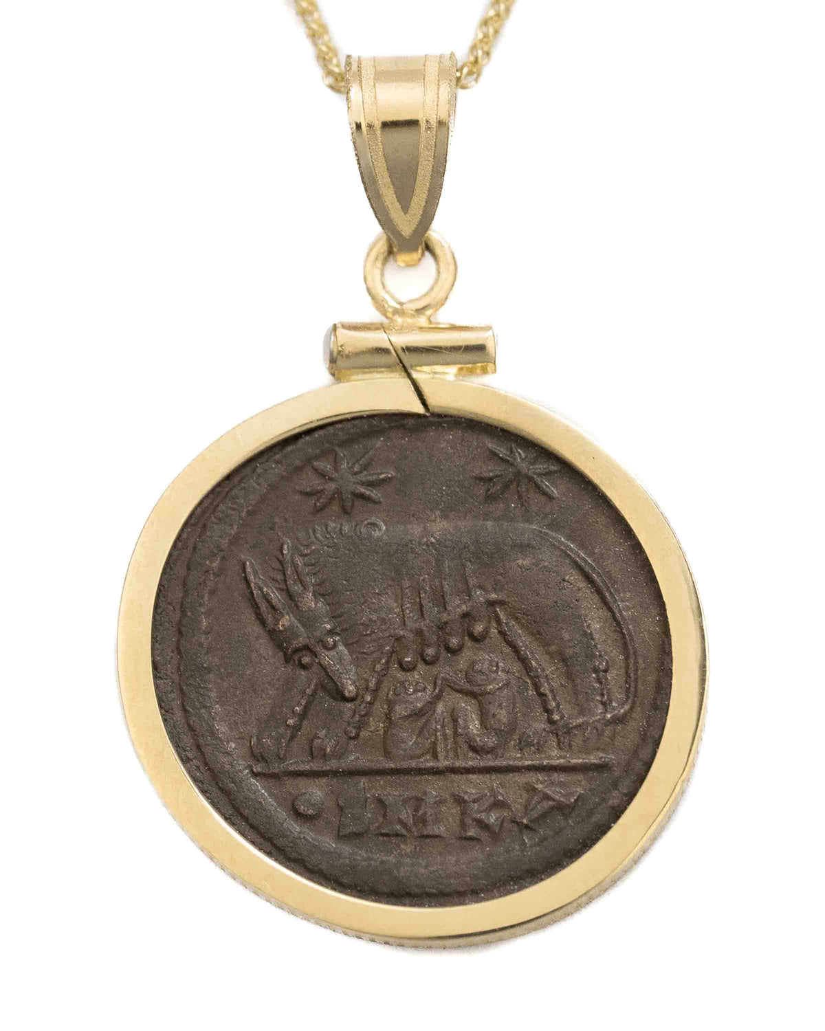 14k Gold Genuine Ancient Constantinople Commemorative Coin Necklace (Romulus & Remus; 307-337 A.D.)