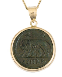 14k Gold Genuine Ancient Constantinople Commemorative Coin Necklace (Romulus & Remus; 307-337 A.D.)