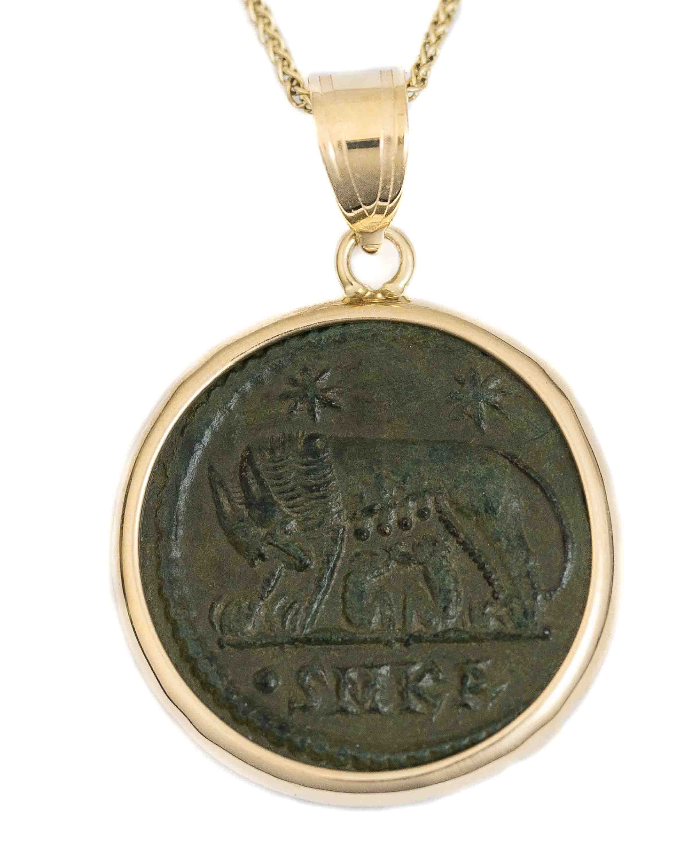 14k Gold Genuine Ancient Constantinople Commemorative Coin Necklace (Romulus & Remus; 307-337 A.D.)