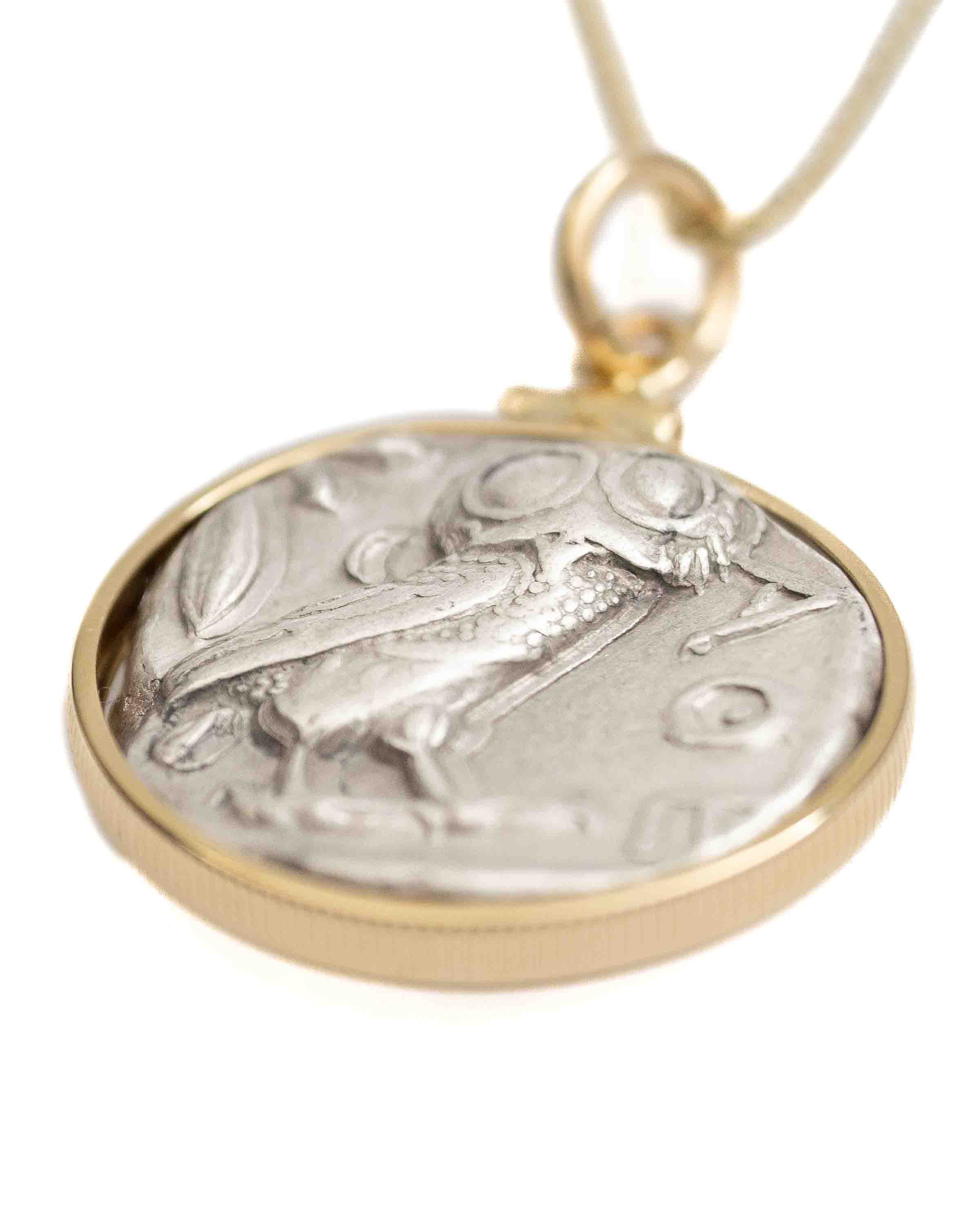 14k Gold Genuine Ancient Greek Coin Necklace (Athena/Owl; 454-404 B.C.)