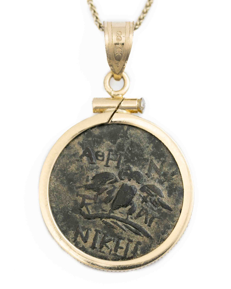 14k Gold Genuine Ancient Greek Coin Necklace (Athena/Owl; 200-133 B.C.)
