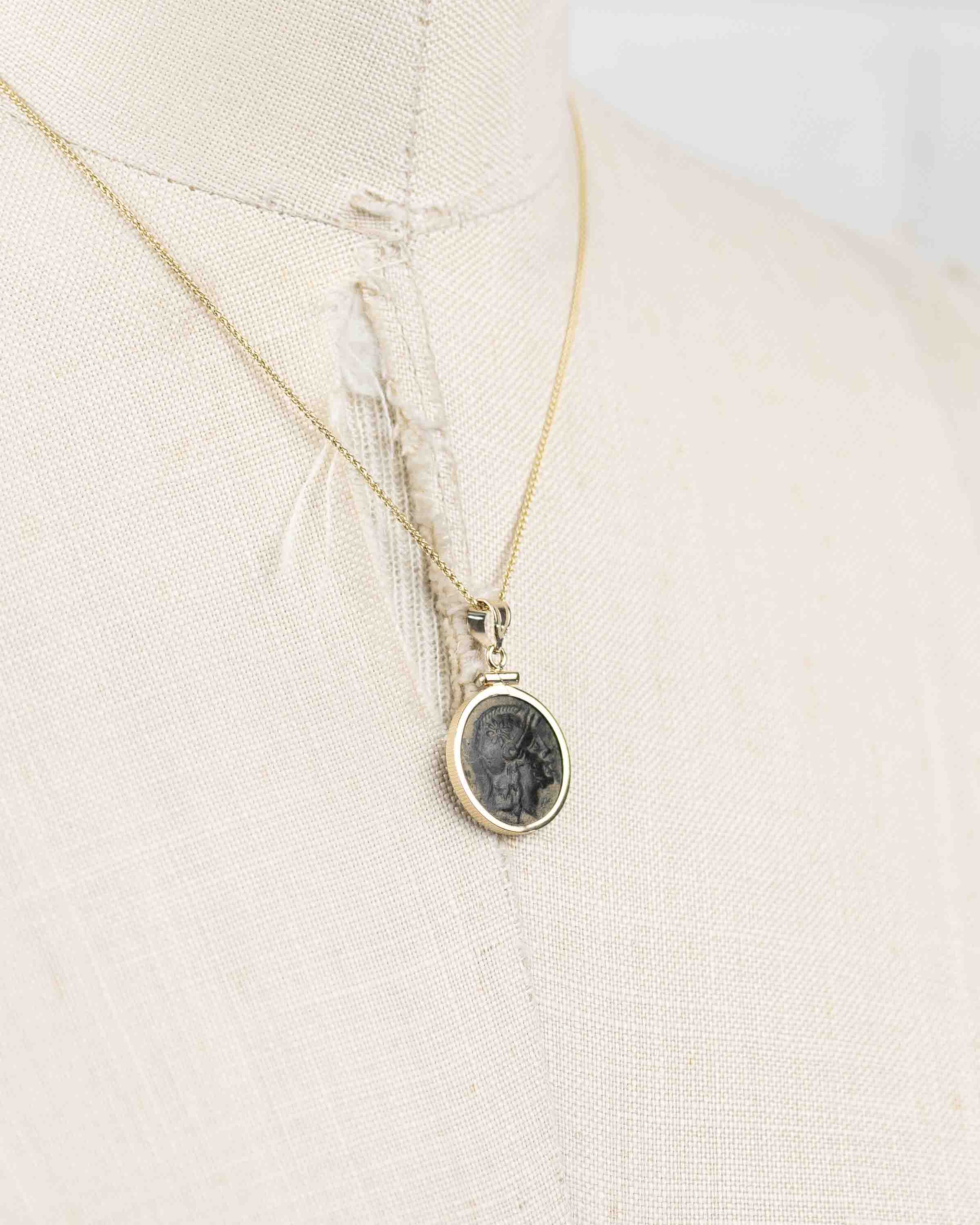 14k Gold Genuine Ancient Greek Coin Necklace (Athena/Owl; 200-133 B.C.)