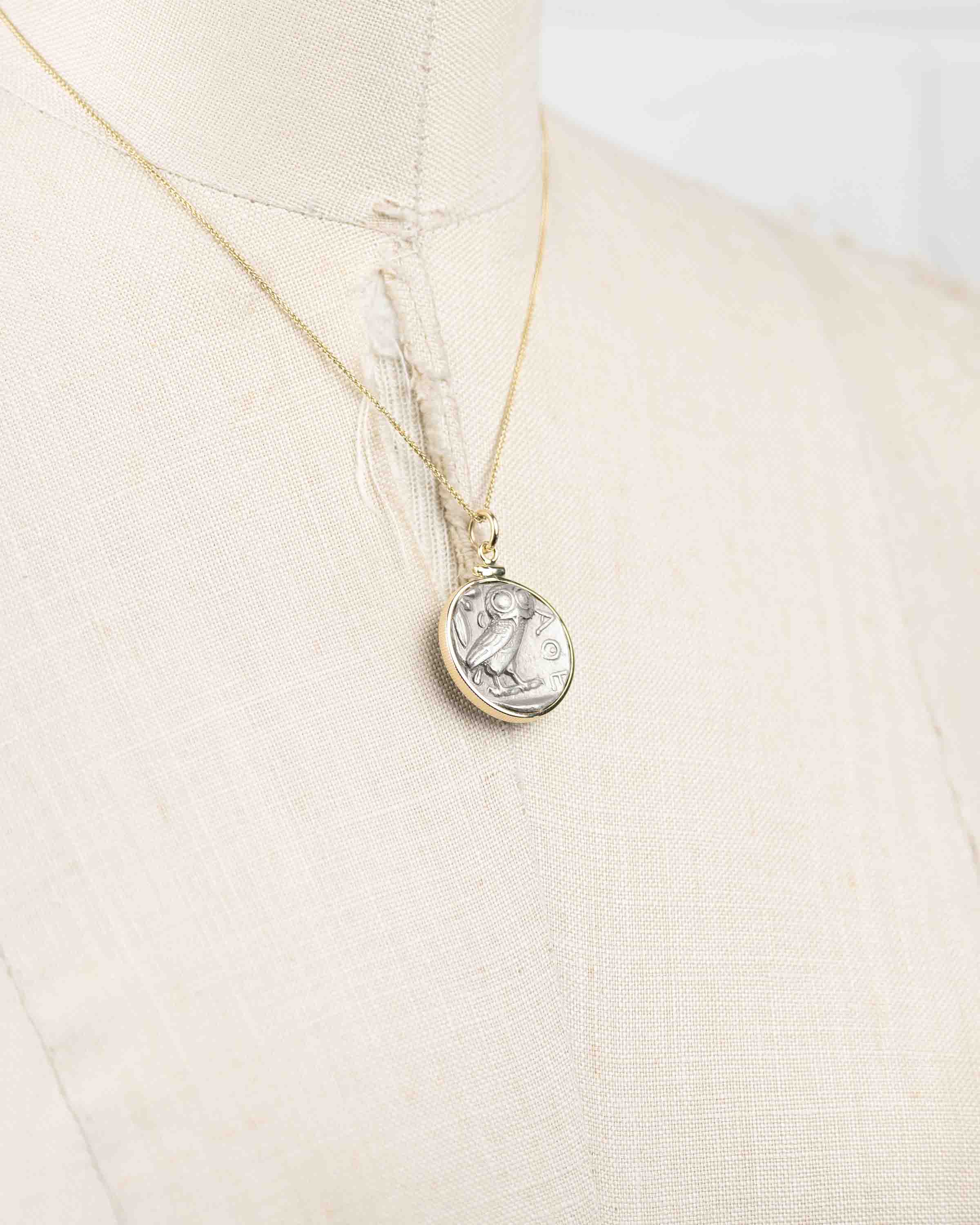 14k Gold Genuine Ancient Greek Coin Necklace (Athena/Owl; 454-404 B.C.)